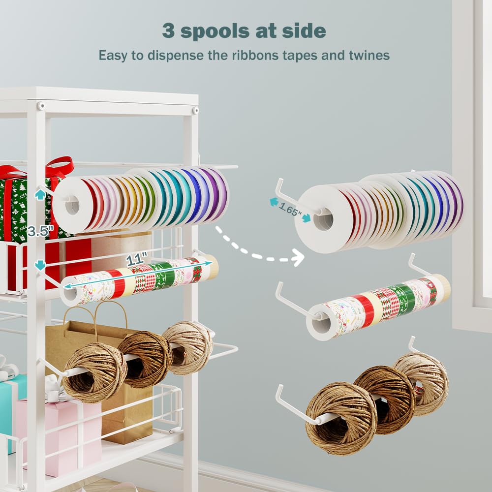LUCKUP Rolling Wrapping Paper Organizer Cart – Gift Wrap Storage with Wheels, 20 Roll Holders, 3 Drawers & Ribbon Dispenser, Craft Organizer for Christmas, Birthdays, White