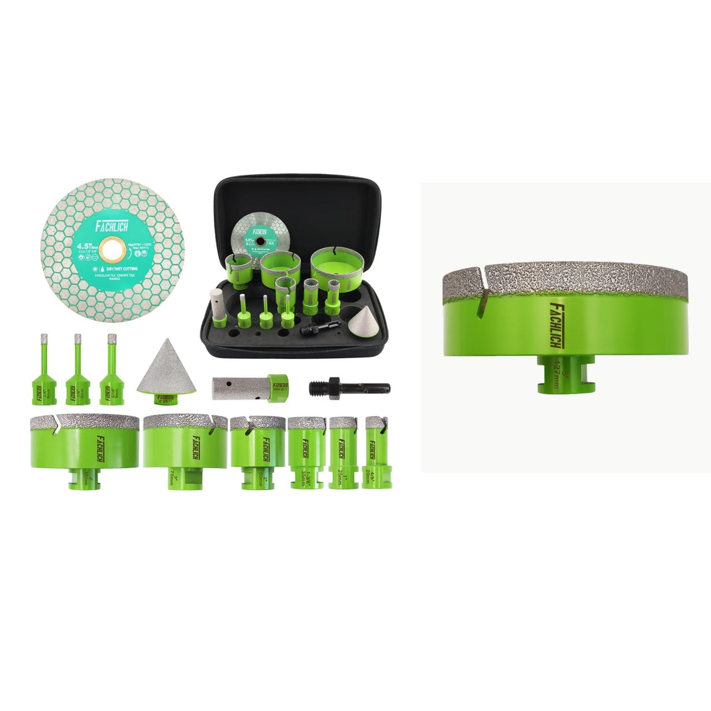 FACHLICH 4" 5" Diamond Core Drill Bits Set and 4.5" Diamond Cutting Grinding Blade for Porcelain Ceramic Tile Marble Granite etc