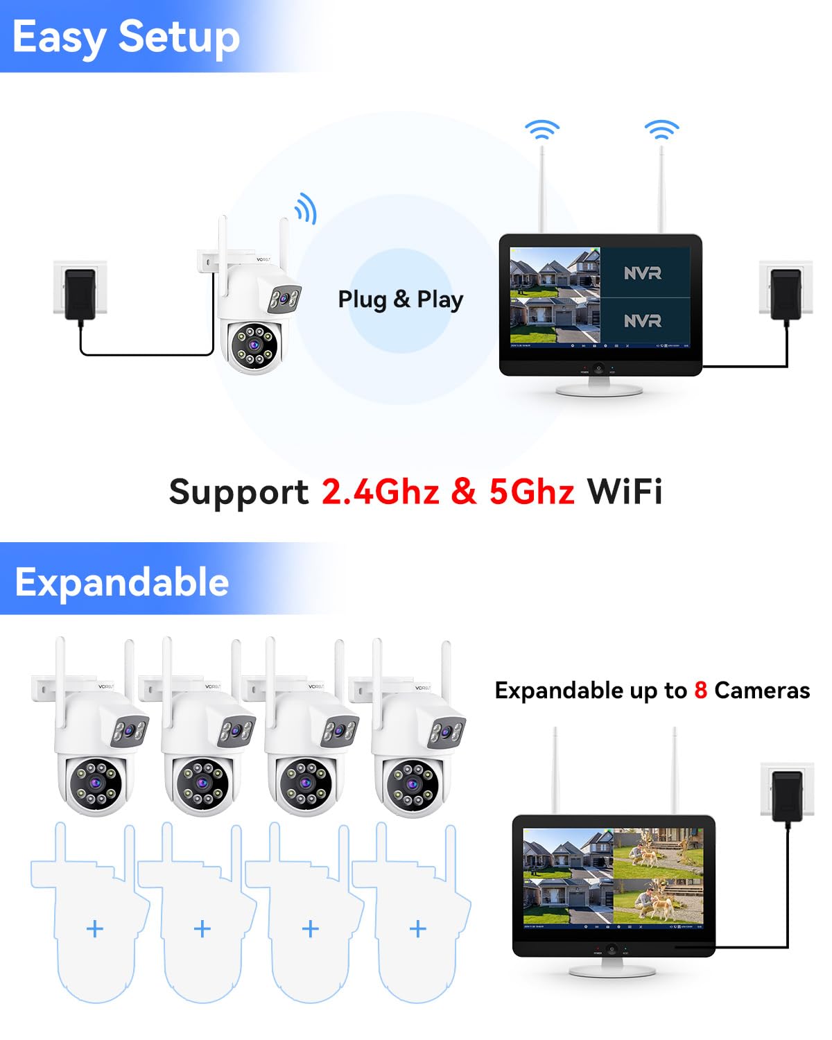 VORGUT Security Camera System Wireless Outdoor with 12" Monitor, 4pcs 2K Dual Lens Cameras for Home & Business Surveillance, 360° PTZ, 2.4G/5G WiFi, Human Detection, Auto Tracking, 16CH NVR, 500G HDD
