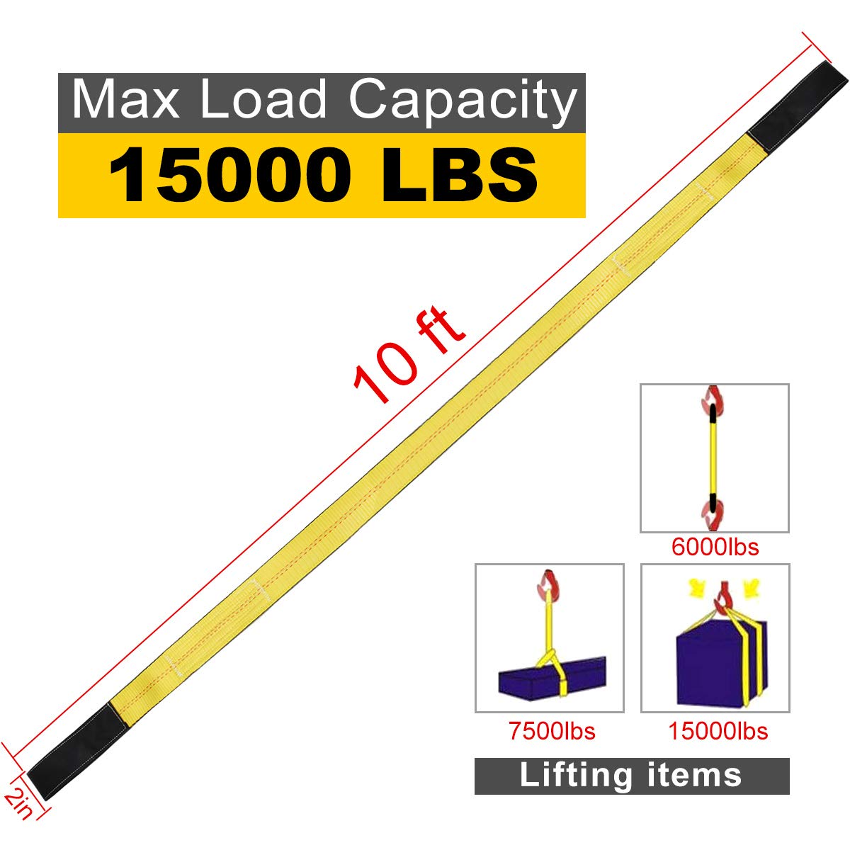 JCHL Lift Sling Straps 10'x2 15,000 Pound Capacity 2-Pack Heavy Duty Lifting Slings Web Sling Tree Saver Recovery Strap Web Sling Winch Strap Yellow