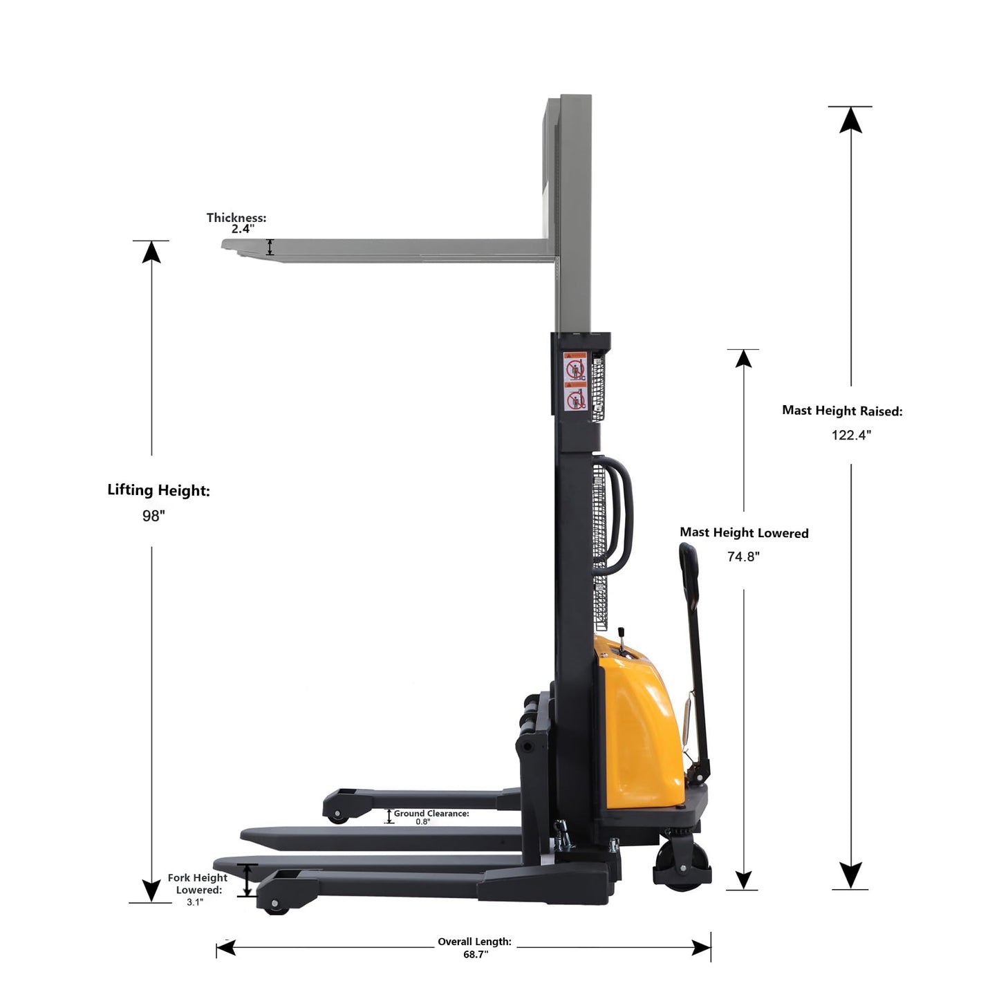 APOLLO Semi-Electric Stacker Pallet Jack Straddle Legs Forklift 3300lbs Capacity 98" Lifting Height with Adjustable Forks for Material Lift