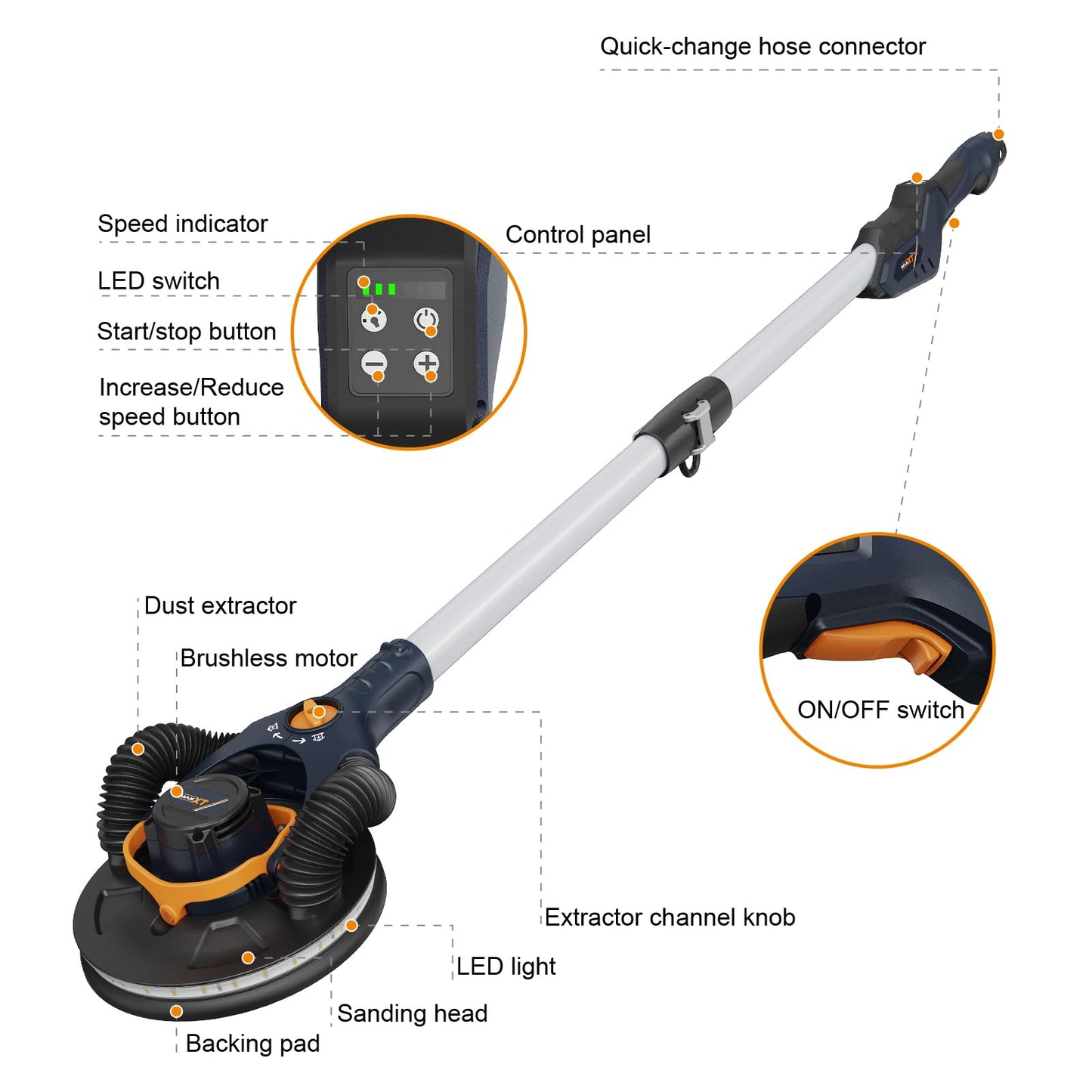 MAXXT 4mm Random Orbital Drywall Sander, Brushless 400W 3.5A Foldable Electric Wall Sander, Sander Tool with 1&2 Modes Suction Switching, Memory Variable Speed, 180° Flex Head, LED Light, Carry Bag