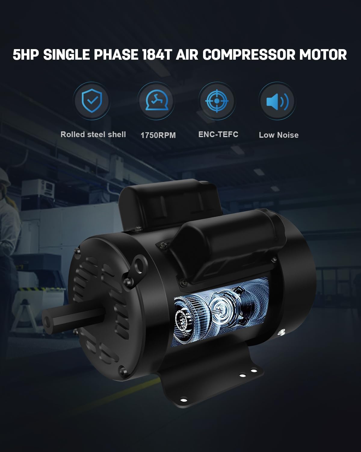 5HP Electric Motor, Air Compressor Motor, 1750 RPM, Single Phase,184T Frame, 208V-230V, 1-1/8"Shaft Diameter Rolled Steel Shell 60HZ