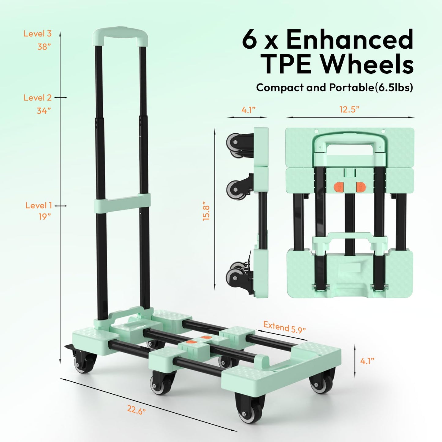 Voipvvii Folding Hand Truck 500lbs, Portable Heavy Duty Dolly Cart, 6 Wheels Collapsible Luggage Cart with 2 Elastic Ropes - Compact Trolley Cart for Easy Moving - Ideal Hand Cart for Travel and More