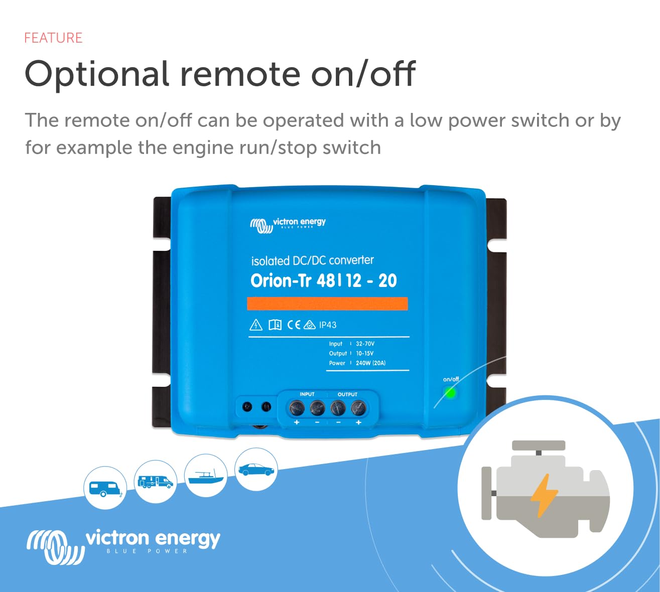 Victron Energy Orion-Tr DC to DC Converter - 48/12-Volt 20 amp 240-Watt - IP43 Protected - for Dual Battery Systems - Isolated