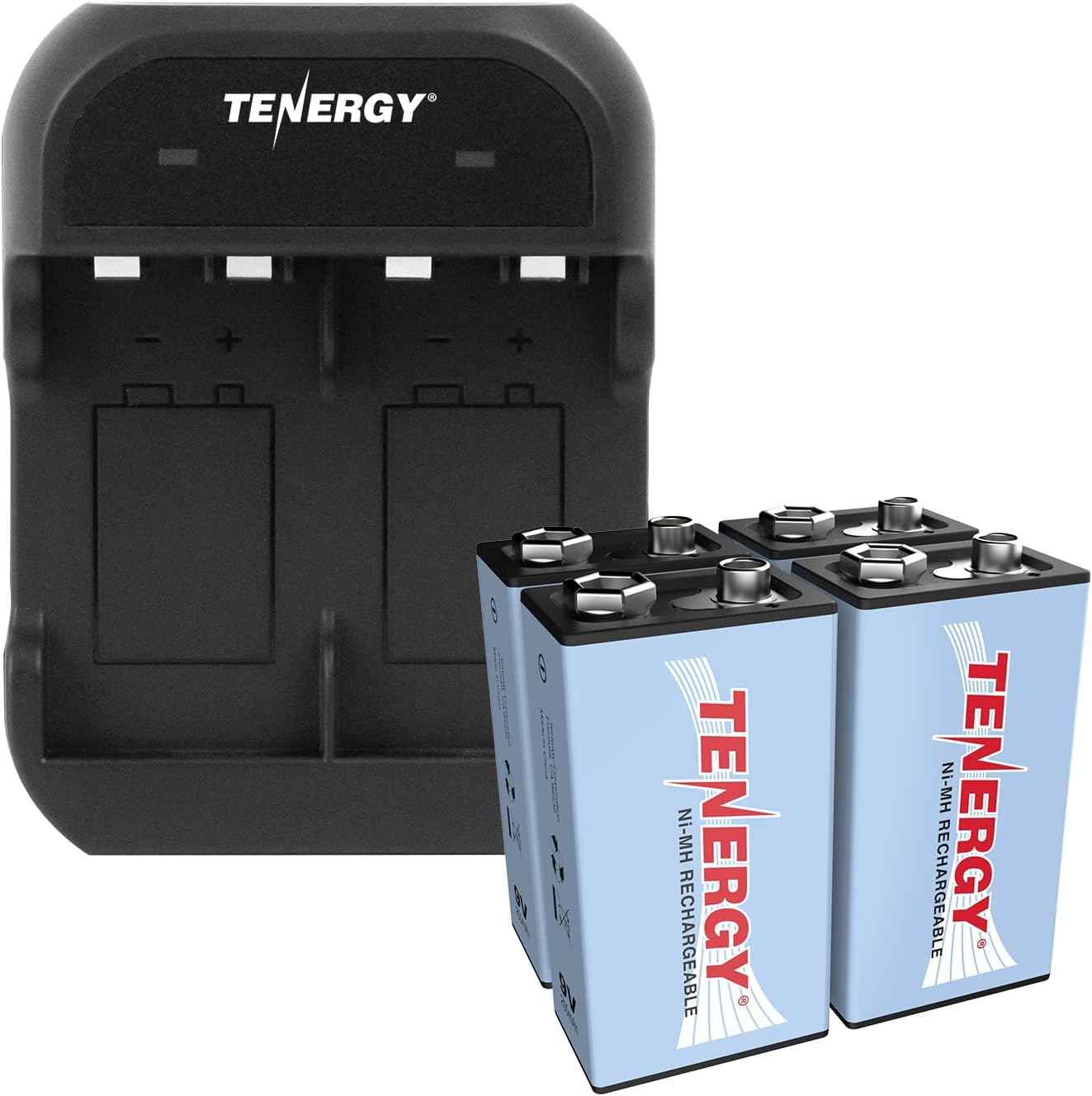 Tenergy 9V 250mAh 4 Pack 2 9V Battery Rechargeable NiMH Square Battery with Bay Battery Charger for Smoke