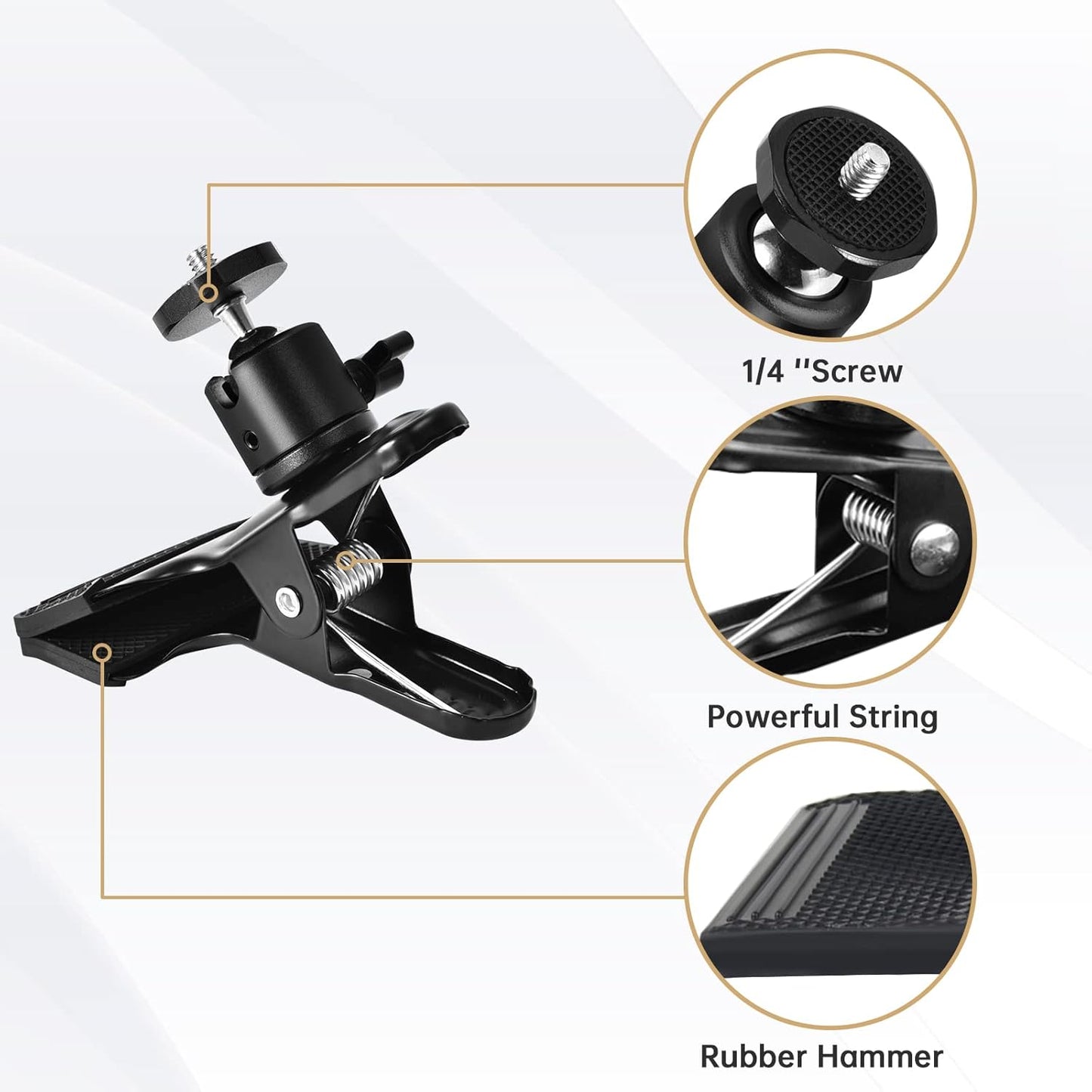 UTEBIT 360 Heavy Duty Tripod Camera Mount Clip with Swivel Mini Ballhead, Black Spring Clamp for DSLR Video Photoshoot