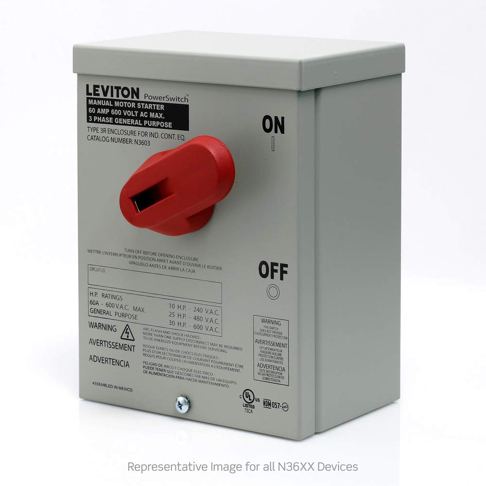 Leviton 60 Amp, 600 Volt, Toggle In Type 3R Enclosure, Double-Pole, AC Motor Starting Switch, Suitable as Motor Disconnect, Industrial Grade, N3602, Black