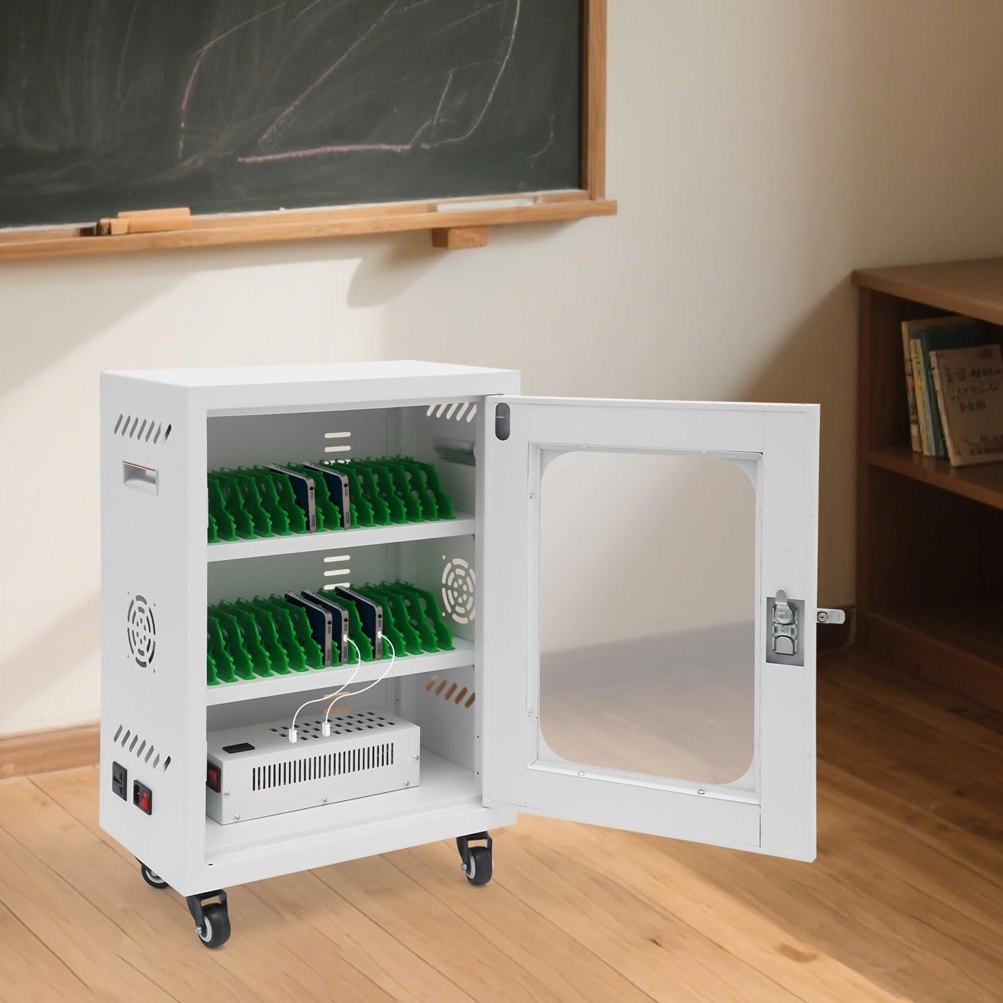 DYRABREST 30-Device Charging Station, Mobile Charging Cart with Lockable Tempered Glass Door, 300W 30-Port USB Charging Cabinet for Phones & Tablets, Secure Charging Locker for Schools, Offices