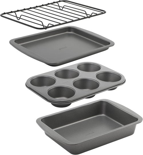 GoodCook Nonstick Steel Toaster Oven Set - 4-Piece Gray Set with Sheet Pan, Rack, Cake Pan & Muffin Pan