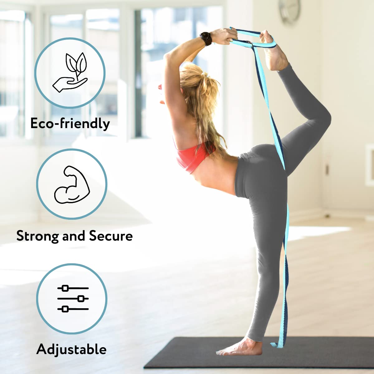California Yoga Strap | Yoga Belt with Safe Adjustable D-Ring Buckle for Pilates | Stretching Strap | Exercise Bands | Physical Therapy | Improves Sitting Posture | Blue | Pack of 1-10ft
