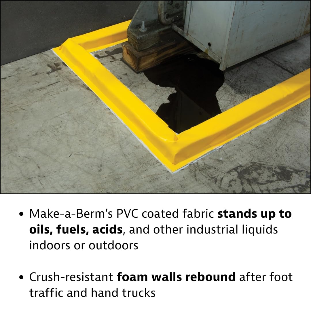 Justrite Make-A-Berm™ Fuel Spill Containment Curbs 15' Long x 1.5" High Straight Section, Custom Chemical Spill Containment Berm System, Yellow PVC Coated Fabric, Made in The USA, 28486