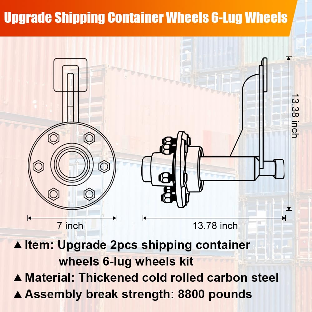 Upgrade 2Pack Shipping Container Wheel 6-Lug Kit, 6x5.5 Lug, Heavy Duty Shipping Container Axle, Shipping Container Accessory with Ratchet Strap for Moving 20ft - 40ft Containers Quickly and Safely