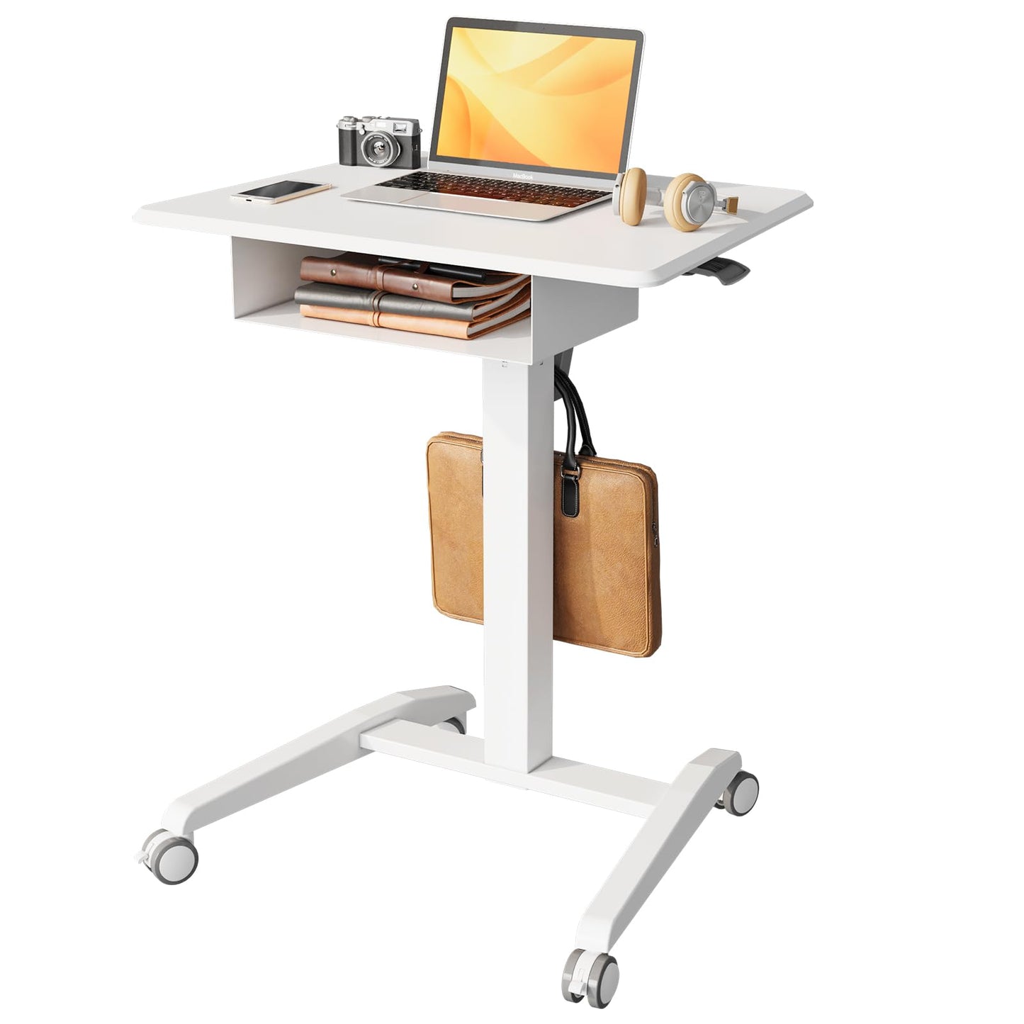 JOY worker Mobile Standing Desk with Storage Drawer, Pneumatic Height Adjustable Mobile Laptop Desk Workstation, White Rolling Cart with Wheels for Home Office Classroom