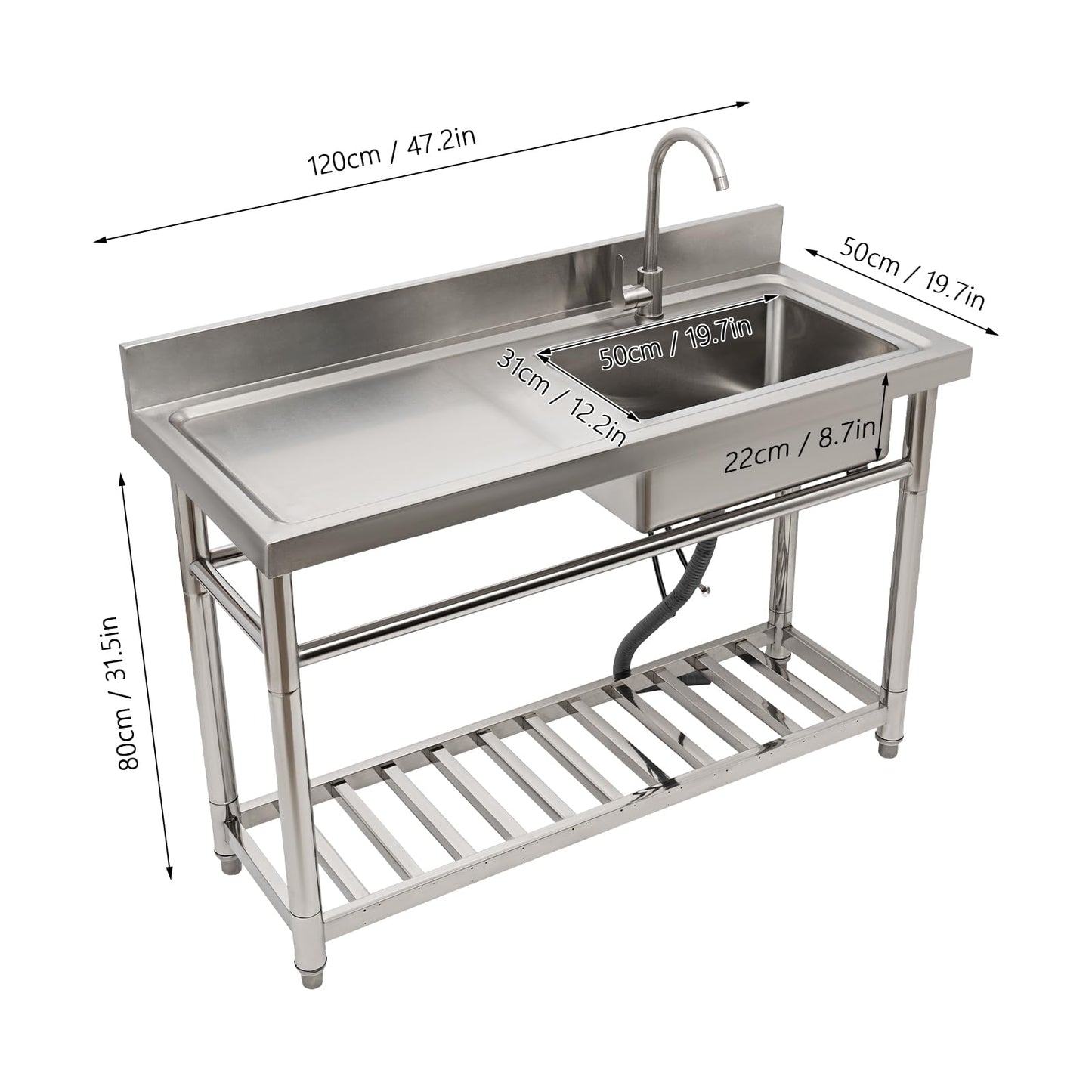 47.2" Stainless Steel Utility Sink with Faucet, 1 Compartment Free Standing Single Bowl Sinks, Commercial Restaurant Kitchen Sink Set with Storage Shelf for Indoor Outdoor