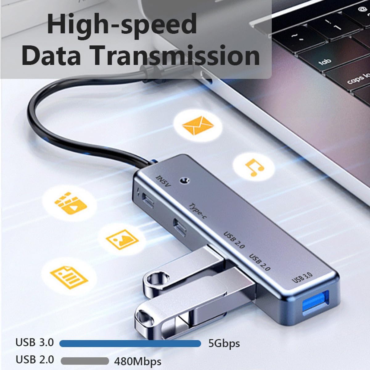 Znoogrn 5 1 3.0 5 in USB Hub, USB Extender with USB C Data Port, Ports USB Hub for Laptop, PC, Flash Drive, Mobile HDD