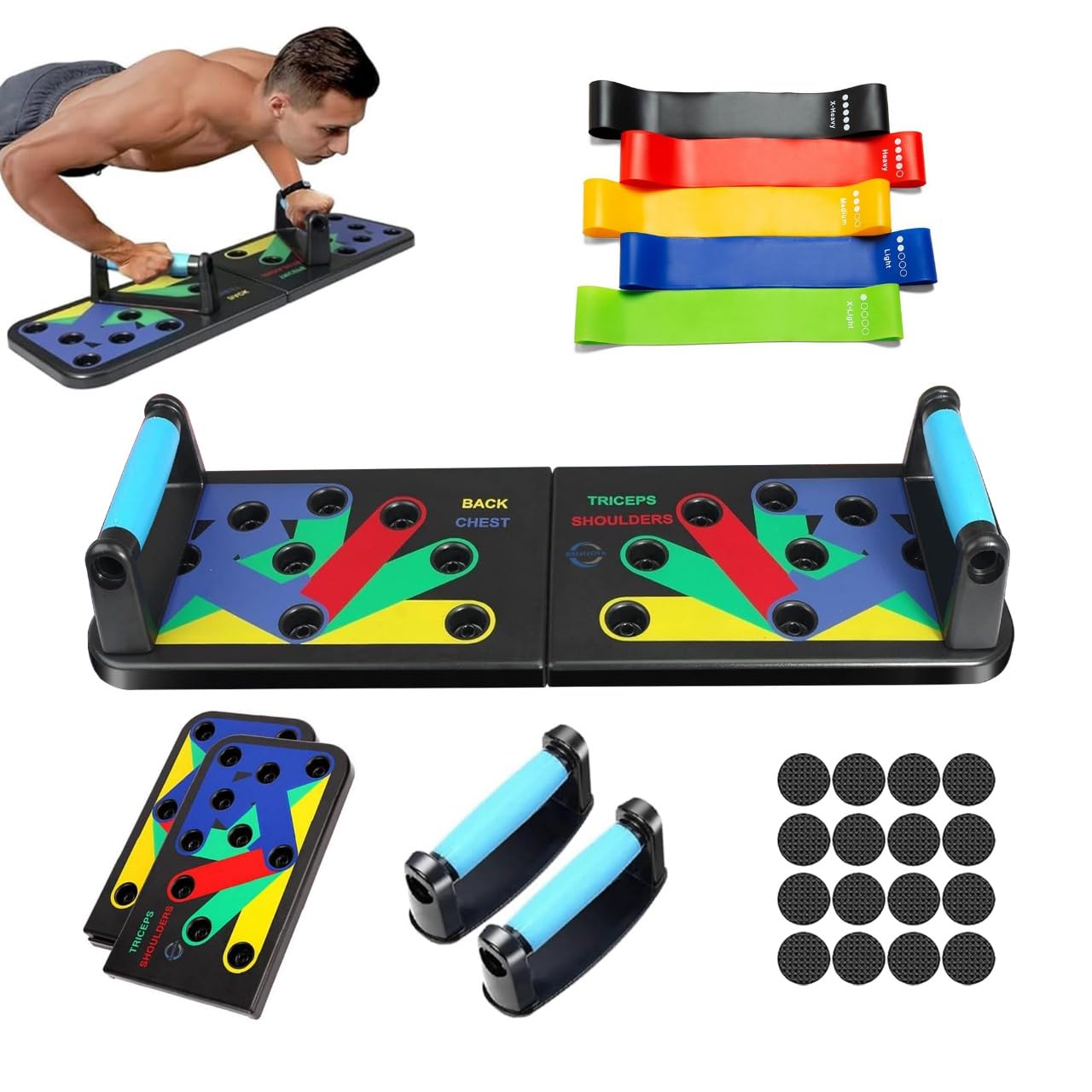 Adjustable Push up Board for Men | 20-in-1 Multi-Functional Foldable Fitness Board | Strength Training Board for Women and Men | Home Gym Workout Equipment with 5 Resistance bands