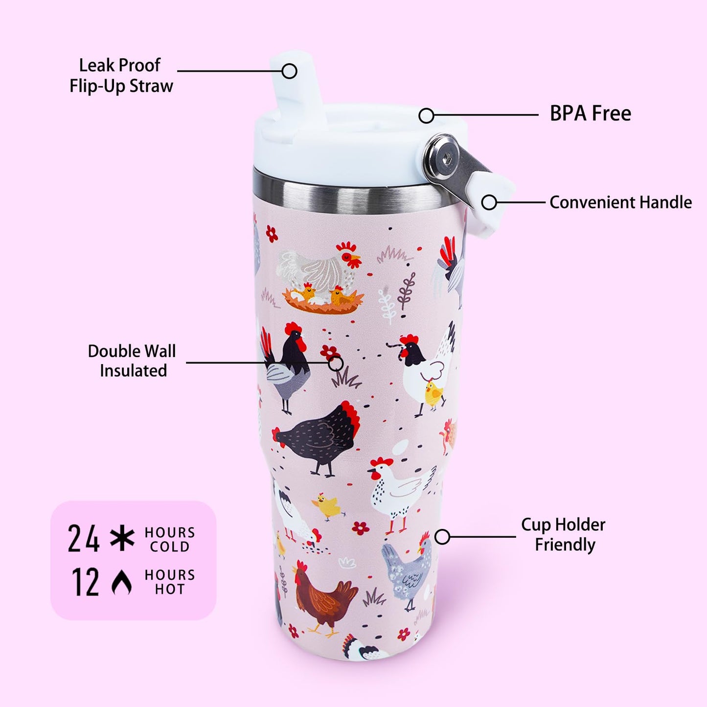 30 oz Tumbler with Handle Flip Straw Leak Proof - Chicken and Rooster Design 30oz Tumbler Travel Coffee Mug with Handle - Birthday Gifts for Women Chicken Lovers 30 Ounce Stainless Steel Cup