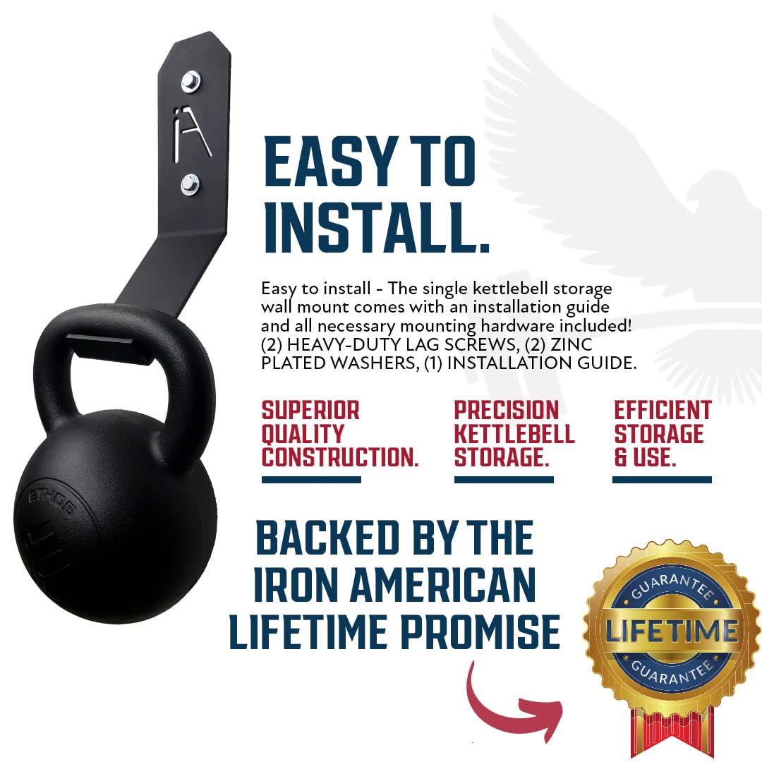 IRON AMERICAN Kettlebell Hook Gym Wall Mount Hanger, 100+ Pound Capacity - Gym Storage Rack Gym Wall Mount - Hang Any Size Kettlebell, Hardware Included (3-PACK))