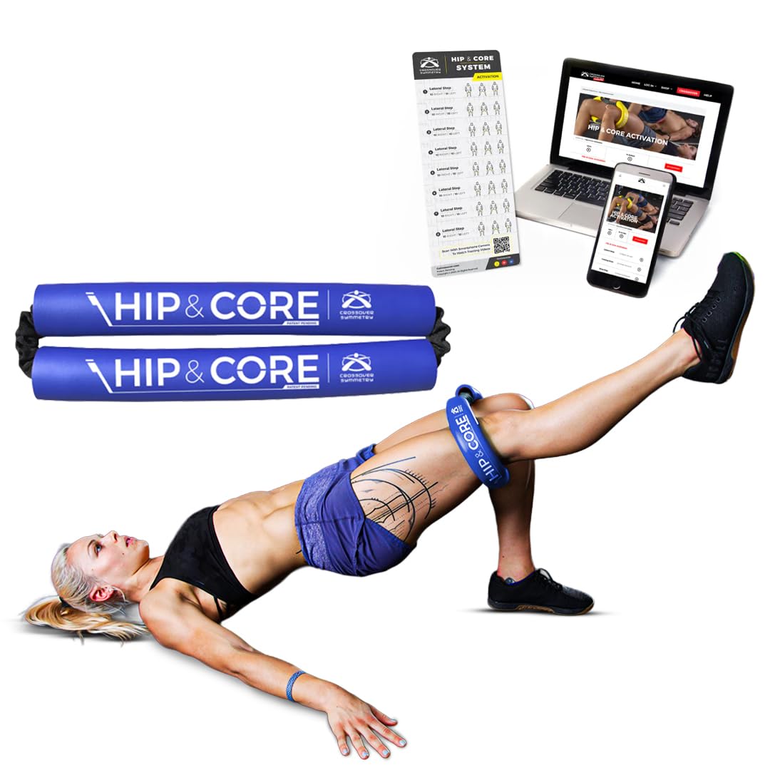 Crossover Symmetry Hip & Core System - Loop Resistance Home Workout Bands to Stretch and Strengthen Legs, Butt, HIPS, Thighs and Glutes, Includes Online Exercise & Training Guide, Blue/Heavy