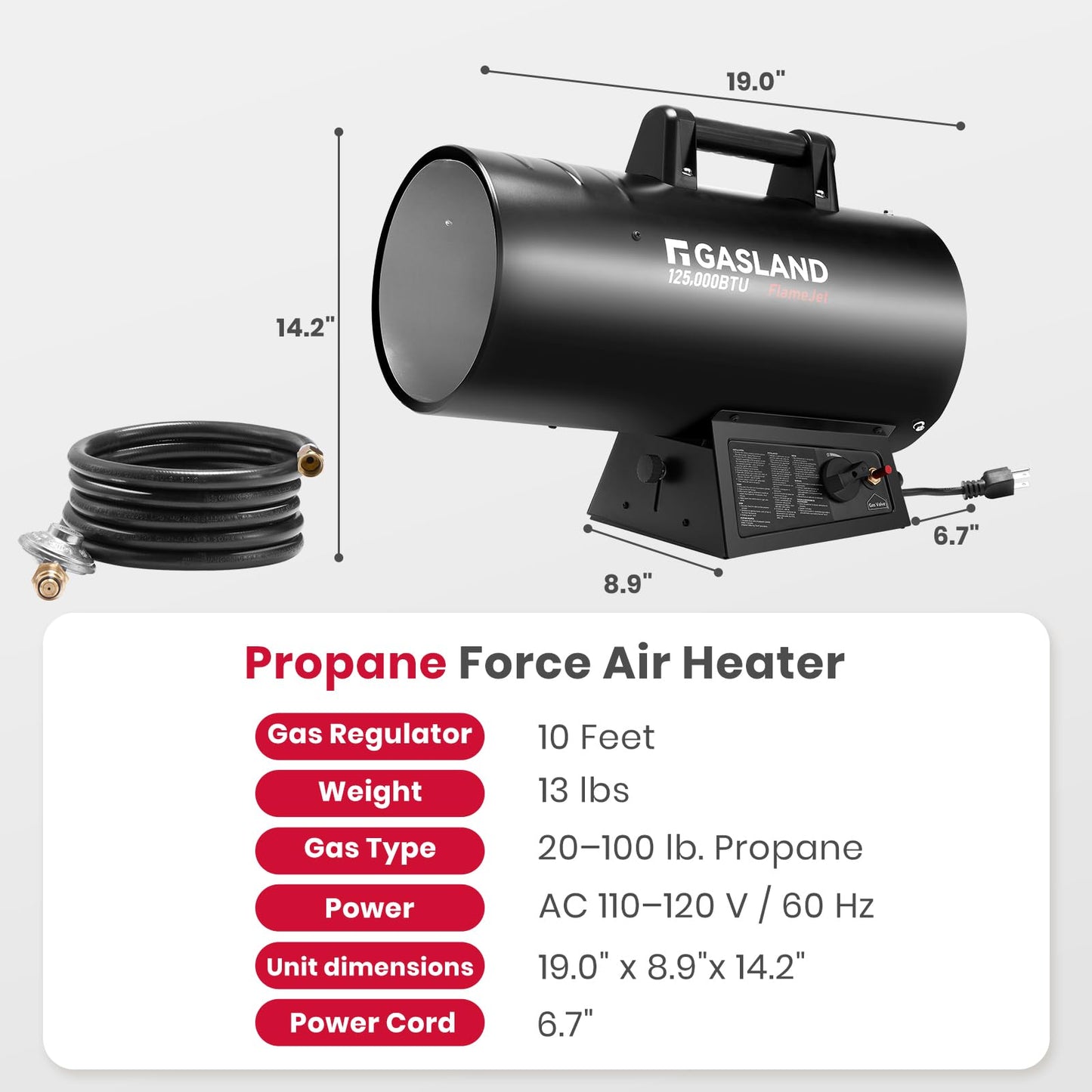 GASLAND Flame Jet 125,000 BTU Propane Force Air Heater, Portable Propane Heater for Garage, Workshop, Job Site, Outdoor Camping & Industrial Space - Fast Heating, Durable Steel Construction