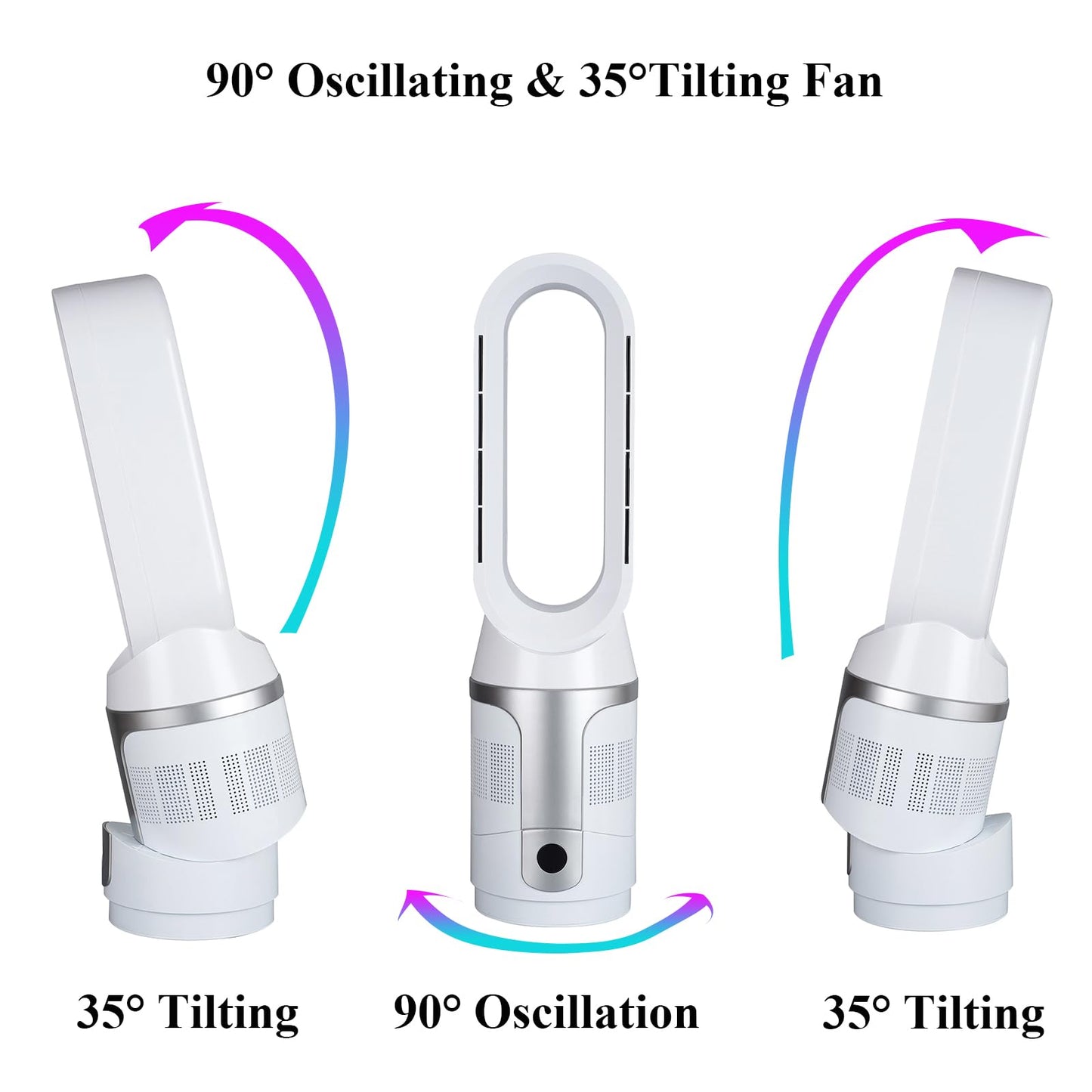 Voagupa Bladeless Tower Fan and Air Purifier, True H13 HEPA Filter, 90° Oscillating Bladeless Fan with Remote and Touch control, 9H Timer, Floor Fans for Bedroom Home Office Use, Silver White