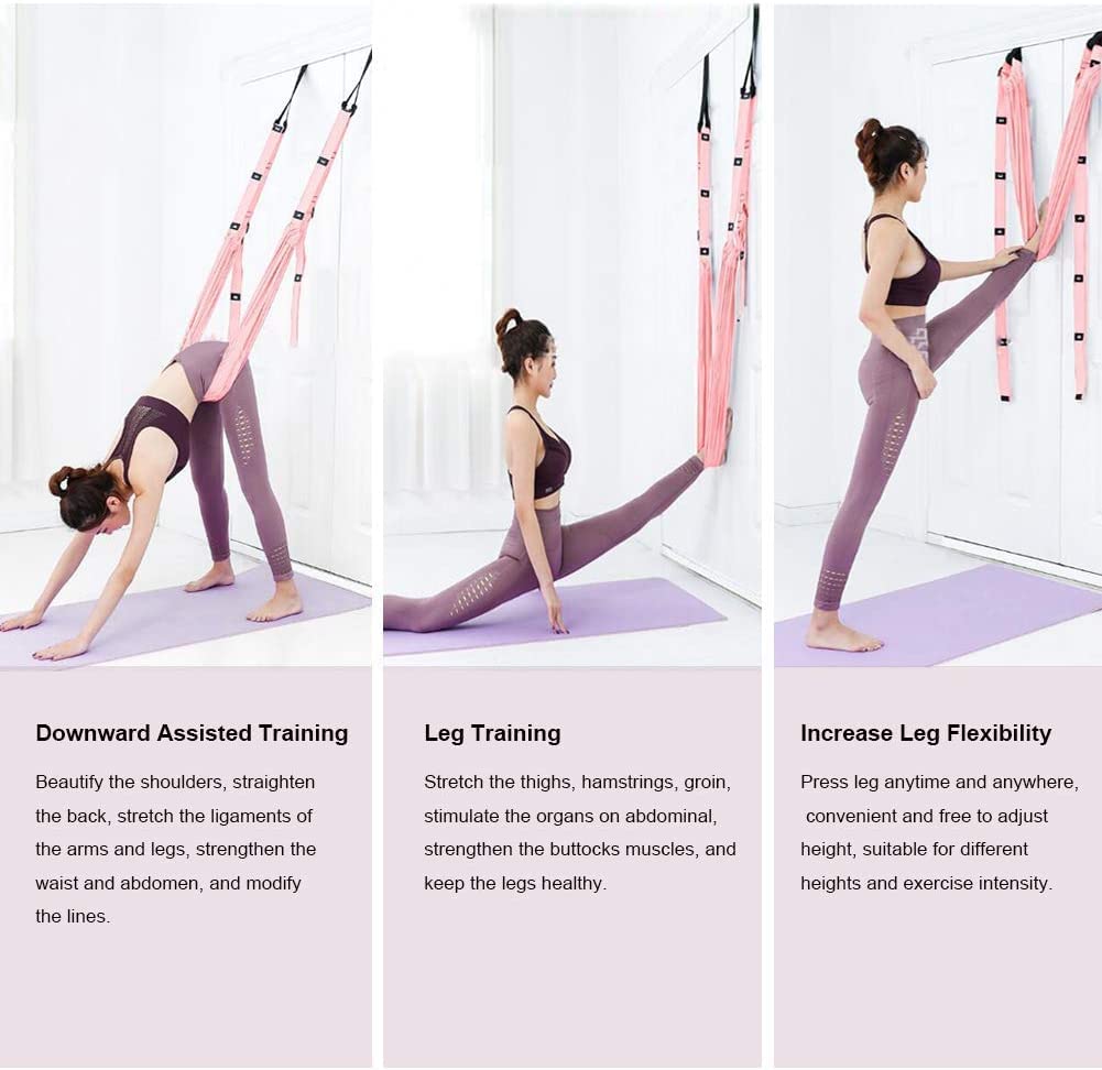 Yoga Stretching Strap, Adjustable Height Leg Stretcher Waist Back Stretch Band Aerial Yoga, Anti-gravity Inversion Exercises Door Flexibility Tensile Trainer for Rehab Pilates Dance Splits (Black)