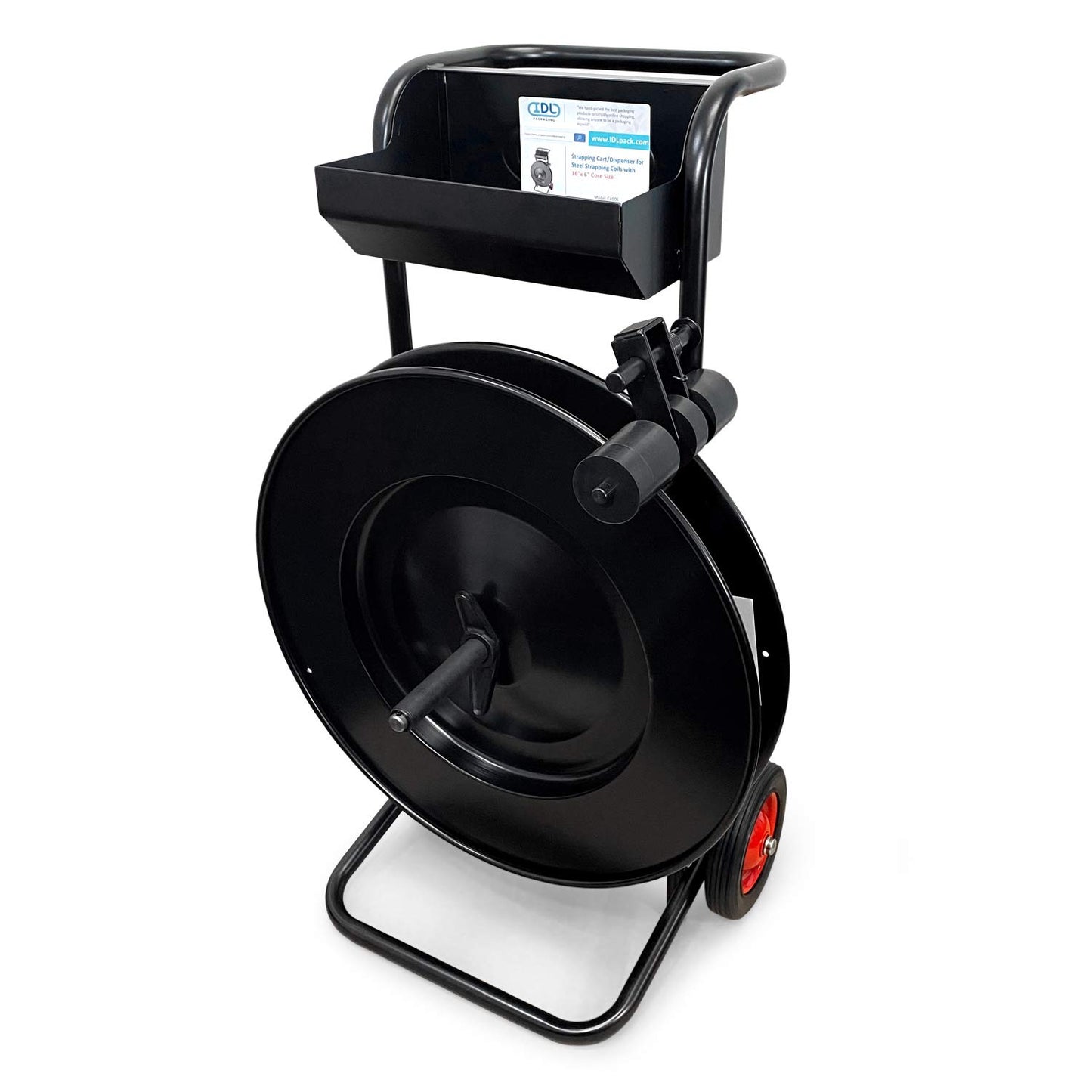IDL Packaging CA-505 Heavy-Duty Strapping Cart & Dispenser for Steel Strapping Coils with 16" x 3" Core Size - Advanced Roller Brake System - Built-in Tray for Strapping Tools, Seals, and Gloves