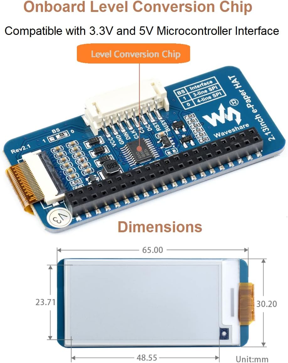 waveshare 2.13inch V4 250x122 3.3V/5V WH/2B/3B/3B+/4B, E-Ink Display HAT Version, Resolution Black White Two-Color
