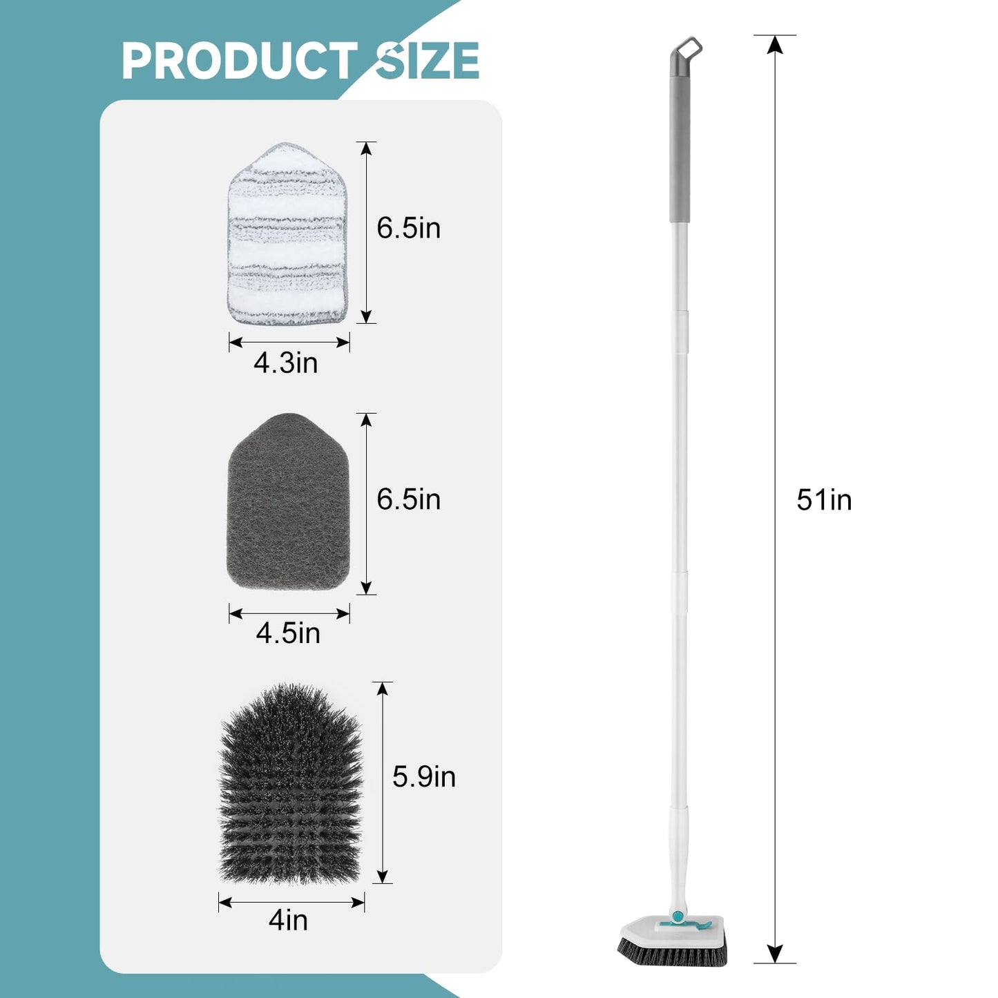 nacena Shower Scrubber with Long Handle, 3 in 1 Tile Tub Scrubber Brush with 3 Detachable Cleaning Heads Adjustable Handle Shower Cleaner Brush for Bathroom, Kitchen, Toilet, Wall, Sink, Blue White