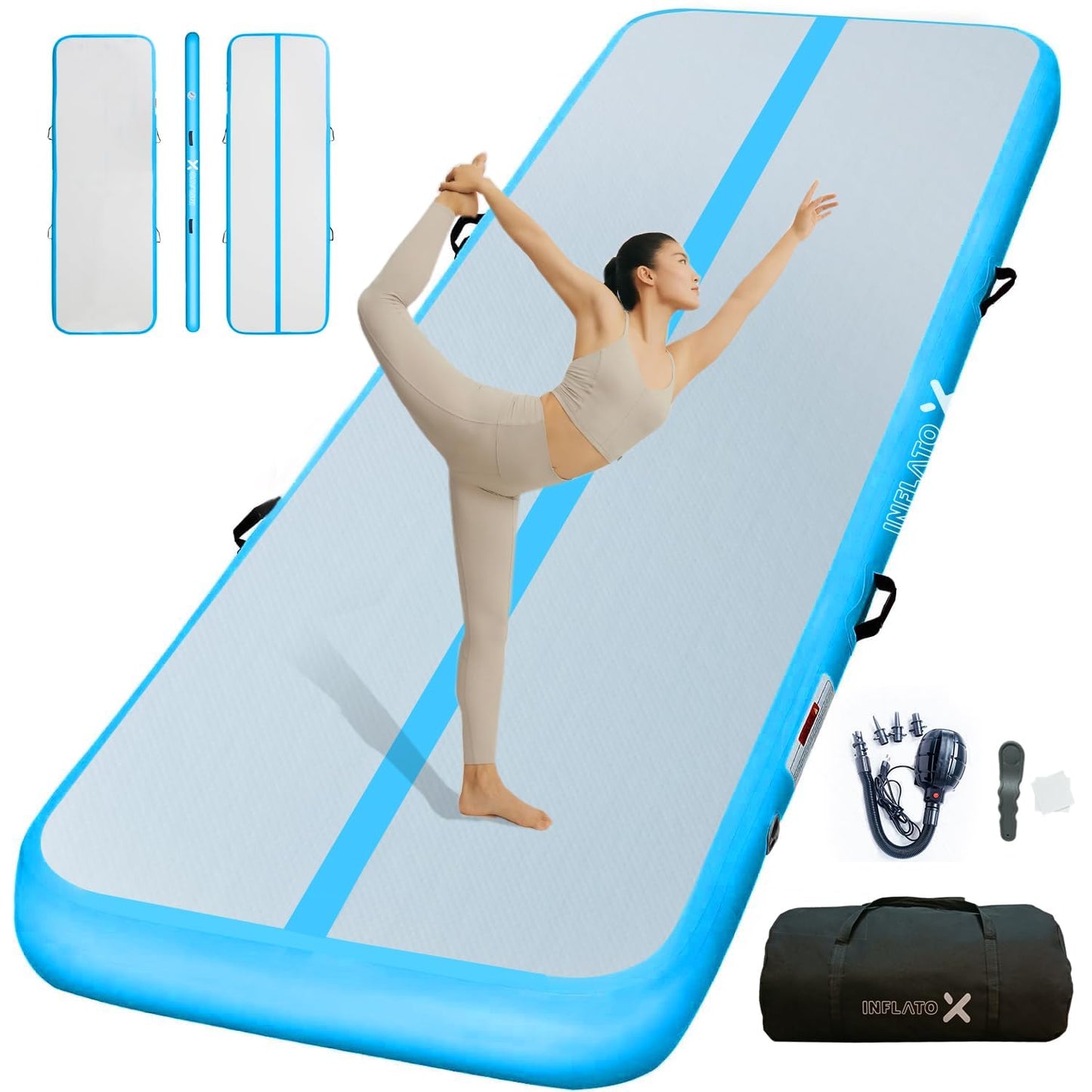 InflatoX Inflatable Air Gymnastics Mat Training mat Thick tumbling mat with Electric Pump for Home/Gym/Outdoor (Blue/Blue, 13.12ft*3.3ft*4in(4 * 1 * 0.1M))