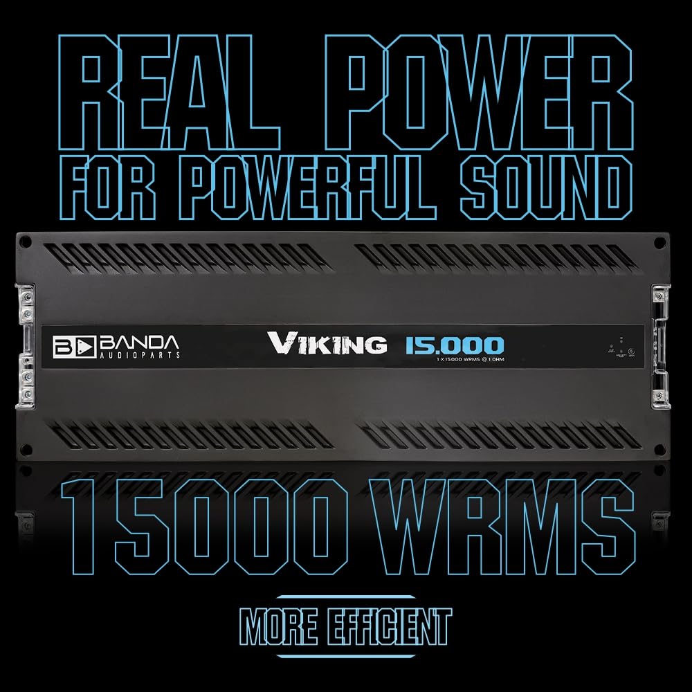 Banda Audioparts Viking 15000 Car Audio Amplifier Mono Block 1 Channel 15000W RMS 1 Ohm Stable High Power Aluminum Chassis Subwoofer Woofer Car Audio Amp