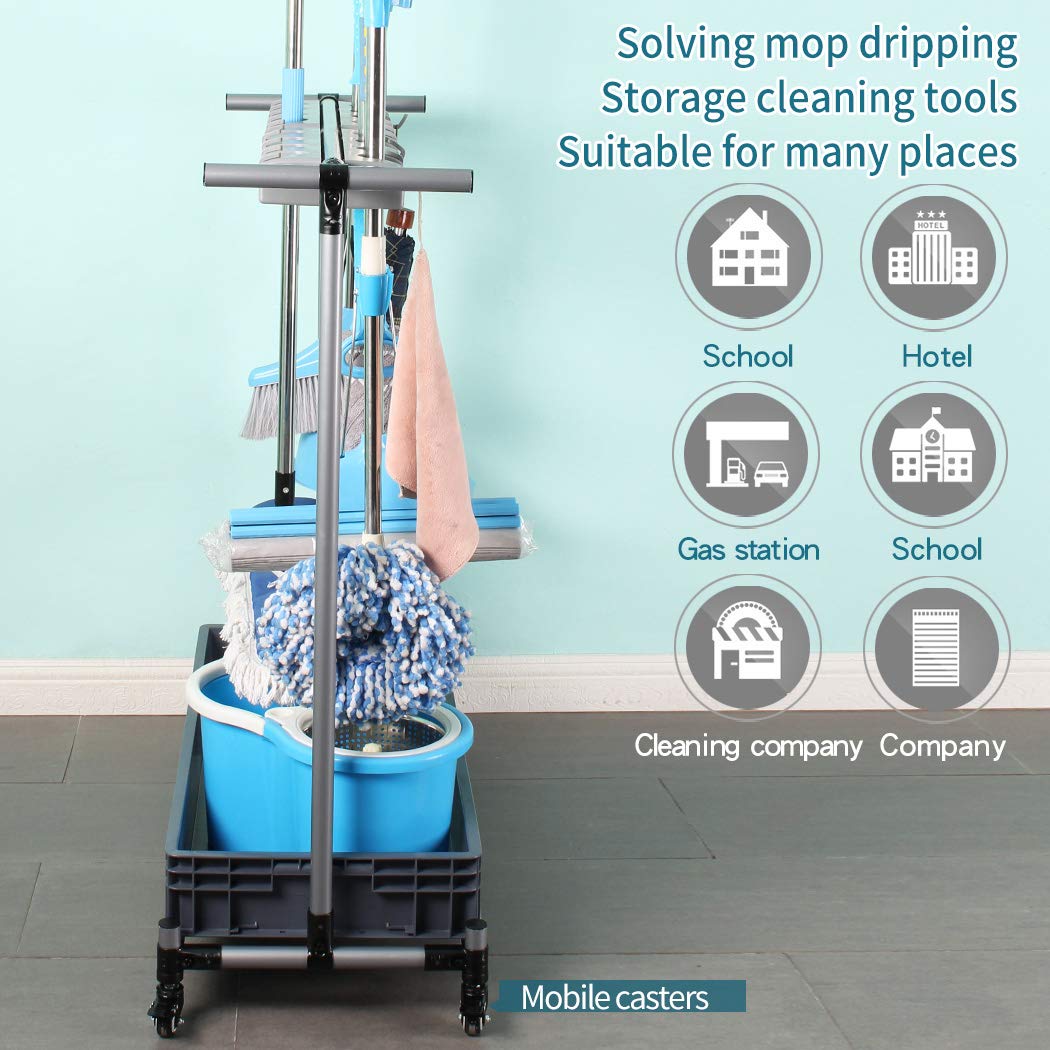 QTJH broom and mop holder put wet mops movable Commercial mop rack cleaning tool cart storage for garden garage organizer mop drain rack