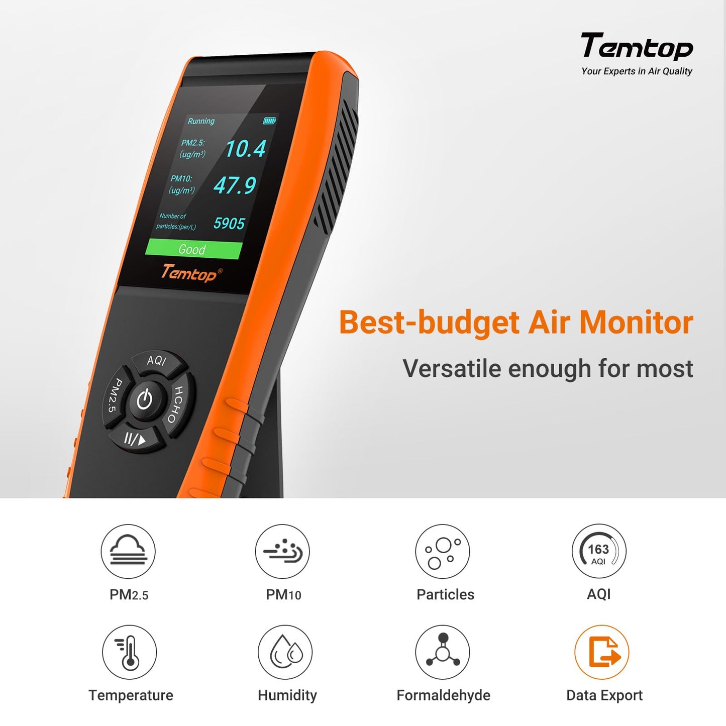 Temtop Air Quality Monitor Professional PM2.5 PM10 Particle Counter, Formaldehyde, Temperature, Humidity, AQI Tester for Indoor/Outdoor Air Pollution Detection w/Data Export