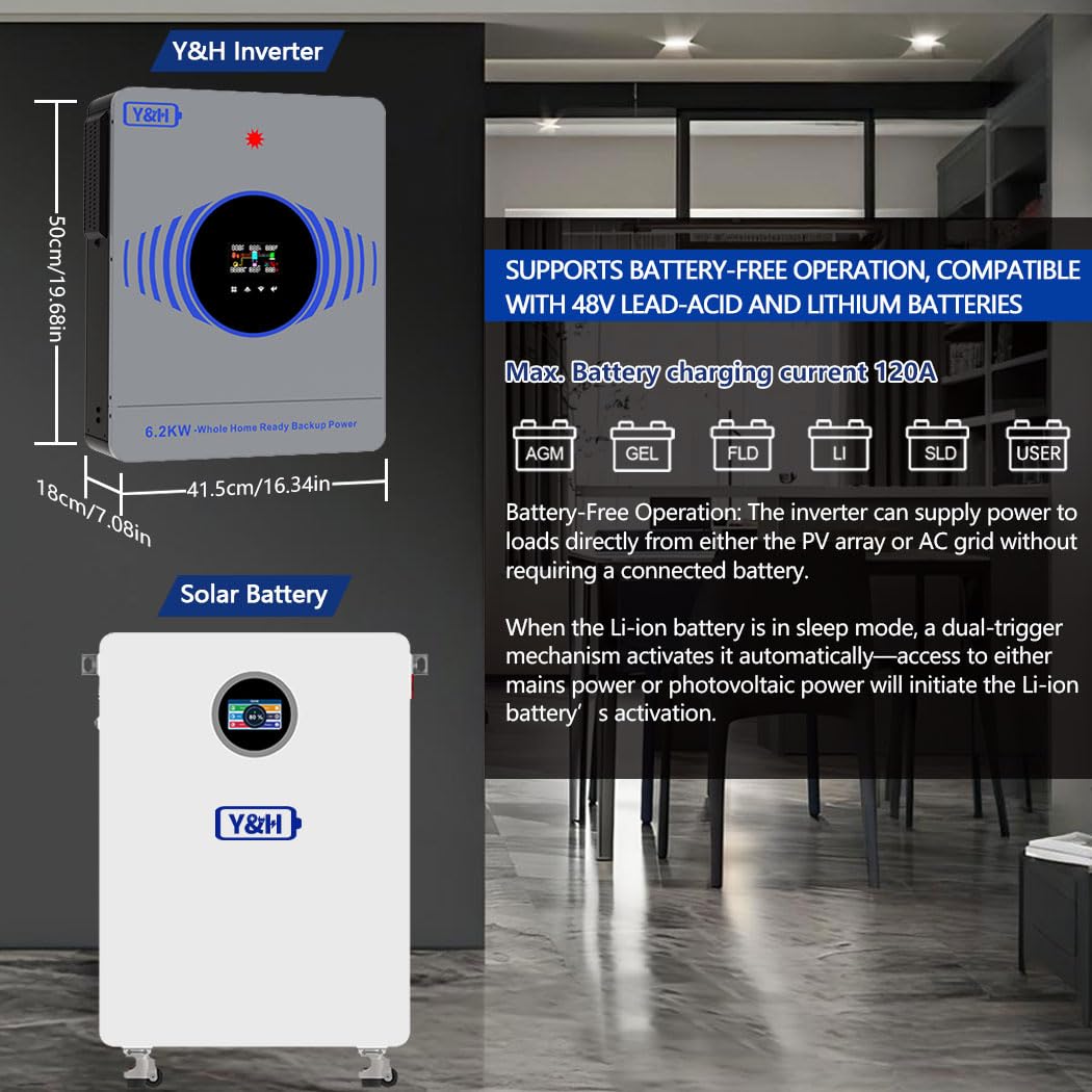 Y&H 4.2KW Hybrid Solar Inverter DC24V to AC220V, Built-in 120A MPPT, 6200W 27A PV Input, Batteryless Operation, Dual AC Load Output, Offline Firmware Upgrade,for Home On/Off Grid Energy Storage System