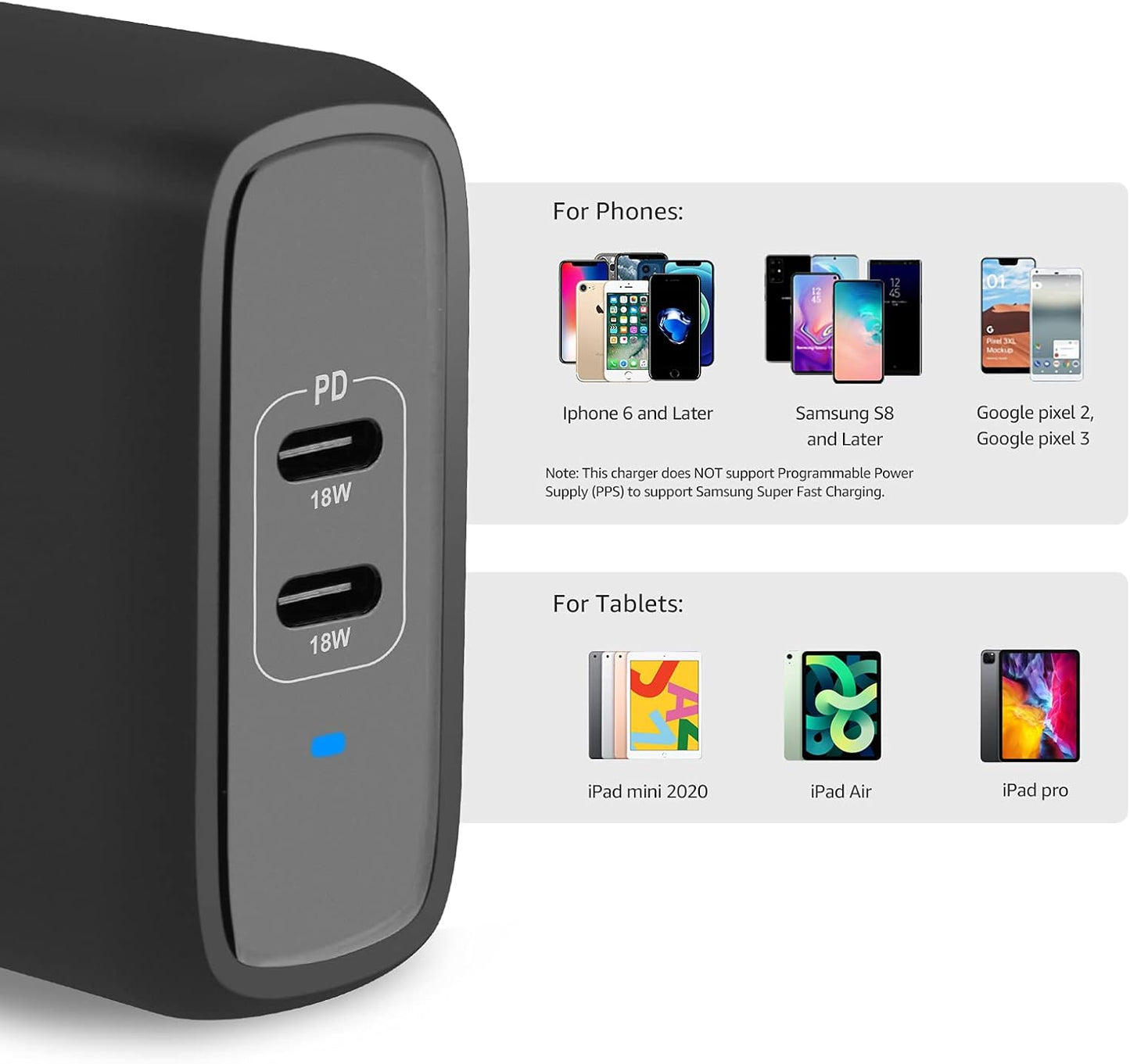 Amazon Basics 36W 15/14/13/12/11/X, 2.34 2.21 1.09 inches, Dual Port USB-C Wall Charger with Power Delivery, Foldable