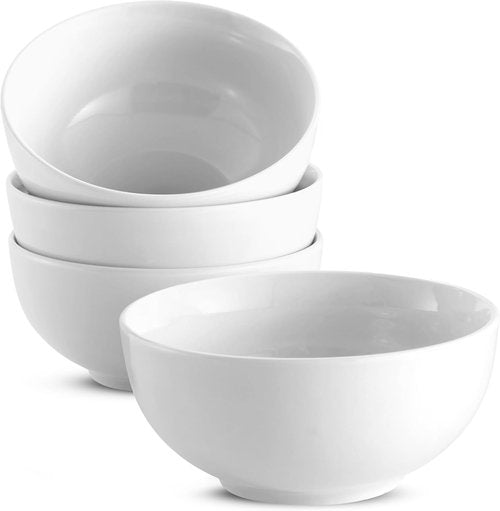 KooK Ceramic Cereal Bowls - Microwave & Dishwasher Safe Porcelain Dishes | 24 oz Deep Interior, Marshmallow White (Set of 4)