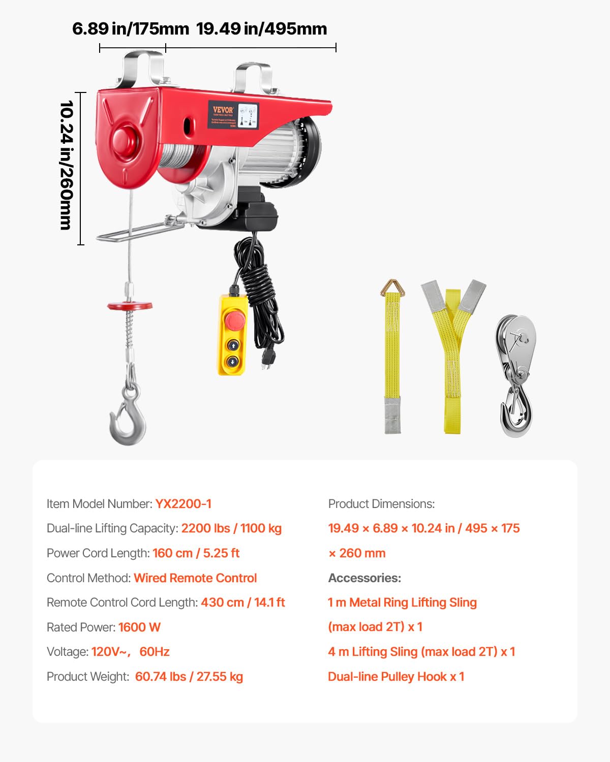 VEVOR 2200lbs Electric Hoist w/14ft Wired Remote Control, 110v Electric Hoist with 40ft Single Cable Lifting Height, for Garage Warehouse Factory Control for Garage, Shop, Hotel, Home
