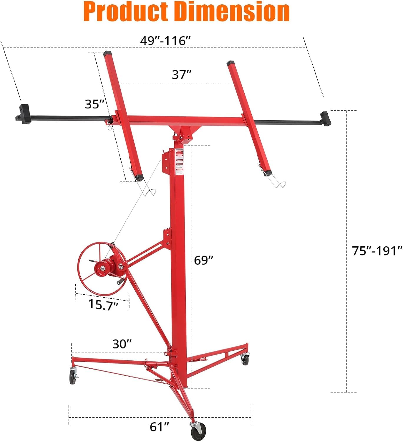 Drywall Lift 16FT, Drywall Jack Lift for Ceiling, Adjustable Panel Hoist, 150LBS Heavy Duty Drywall Lifter, 3 Lockable Wheels Foldable Sheetrock Lift for Home Improvement, Red