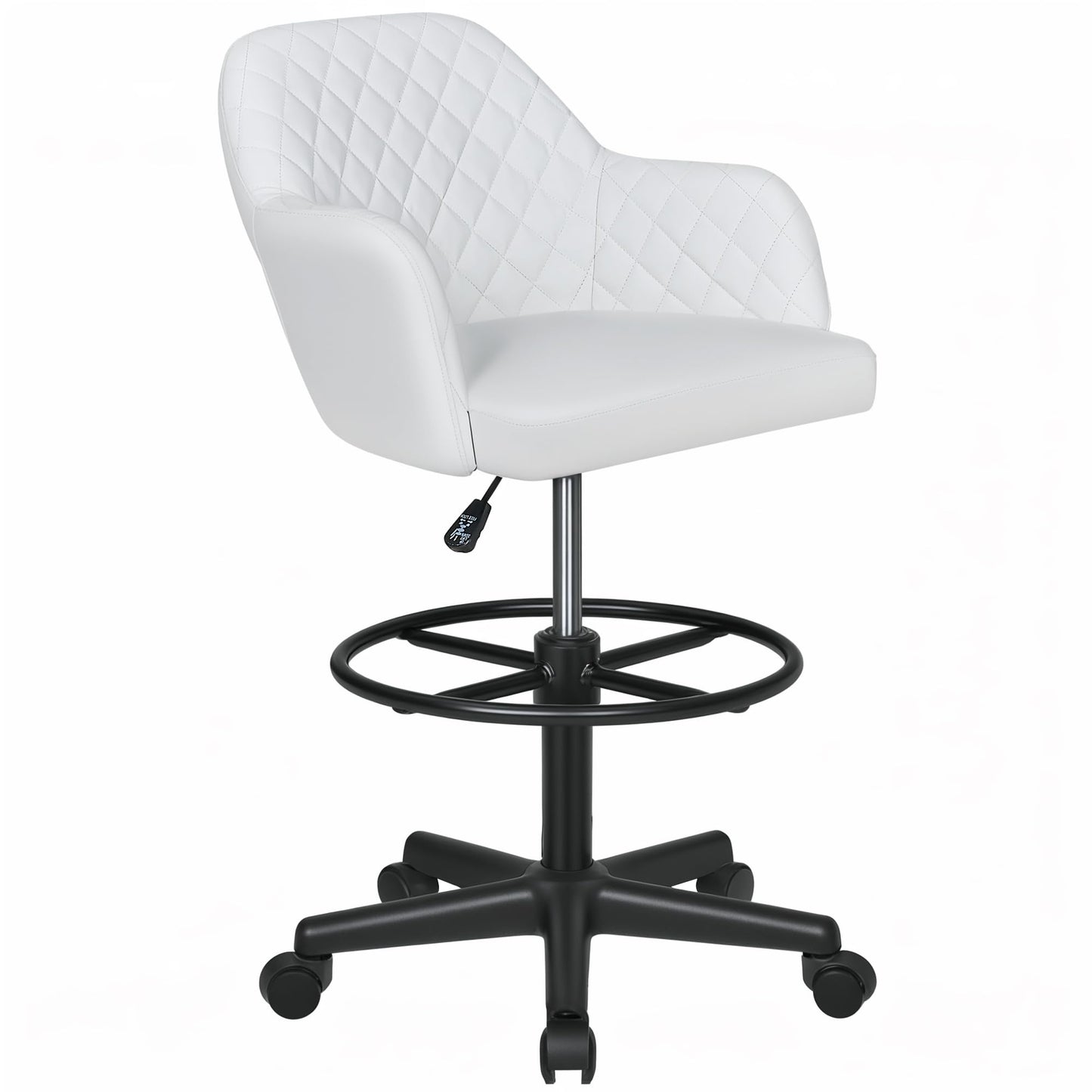 VECELO PU Leather Drafting Chair with Low Back and Footrest Ring, Height Adjustable, Swivel Rolling Wheels, for Drawing/Standing Desk/Office, White