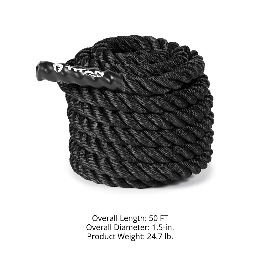 Titan Fitness Battle Rope 50ft x 1.5in, Poly Dacron Heavy Rope for Home Gym Conditioning Workouts, Cross-Train, Strength Training Exercises