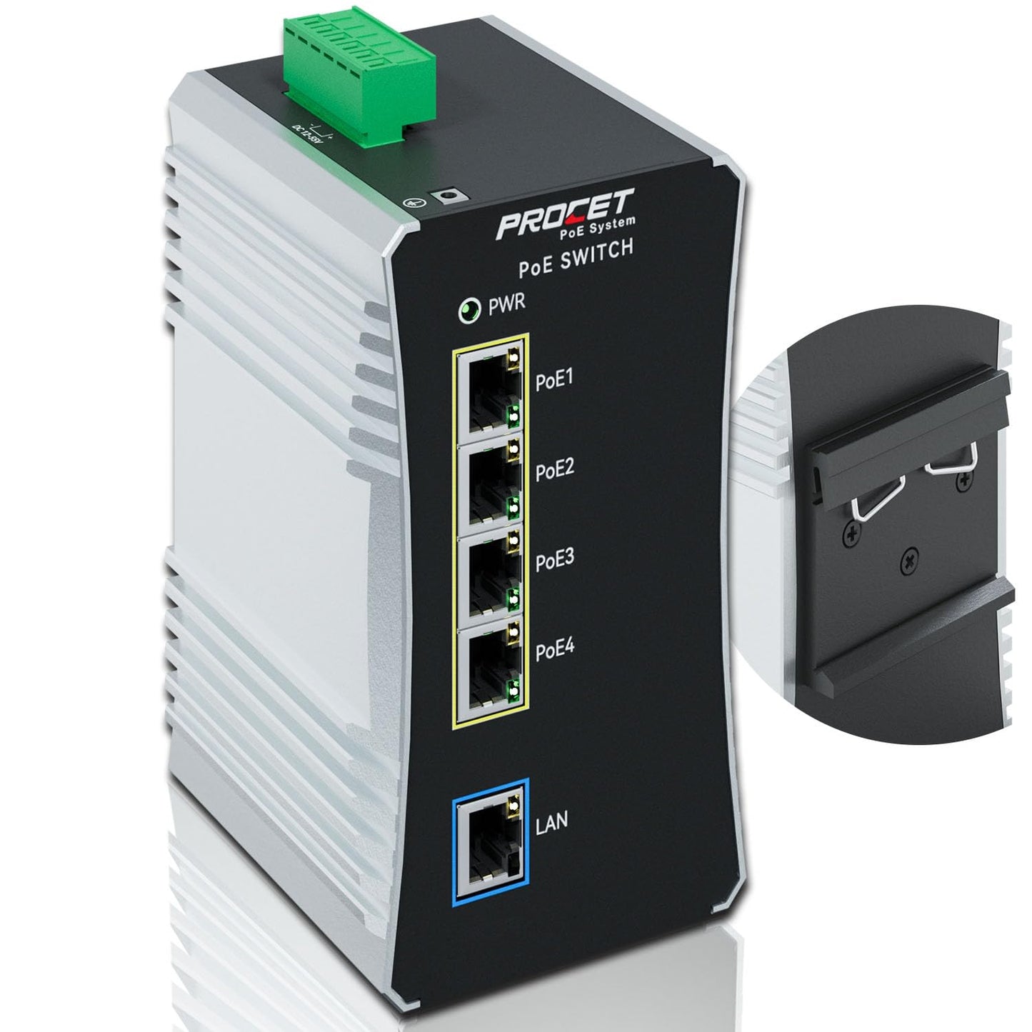 PROCET Gigabit PoE Switch 4-Port Din Rail, 90W/Port, Industrial POE++ Ethernet Switch with Wide Temp -40°F to 149°F, Boost, 12-57V DC Input, IEEE802.3af/802.3at/802.3bt, PT-PIS4PB1T-E
