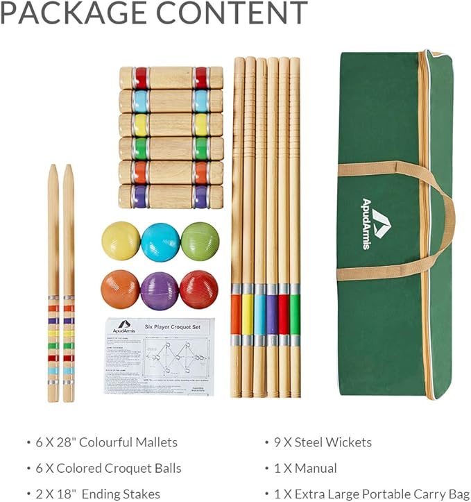 ApudArmis Six Player Croquet Set with Premiun Rubber Wooden Mallets 28In,Colored Ball,Wickets,Stakes - Lawn Backyard Outdoor Game Set for Adults/Teenagers/Family (Large Carry Bag Including)