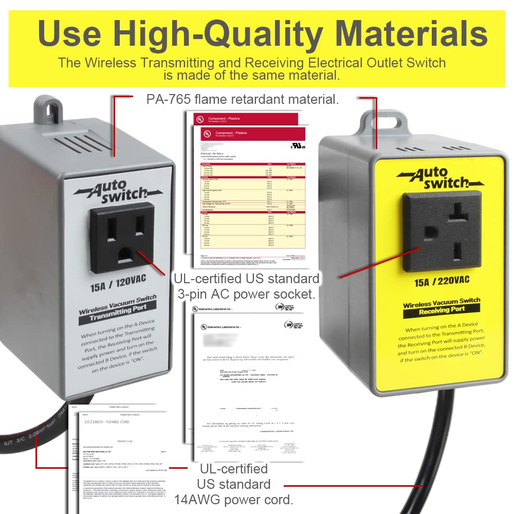 O'SKOOL Wireless Transmitting and Receiving Electrical Outlet Switch for Dust Collection, Transmitter 120V and Receivers 220V Plug, PTA17