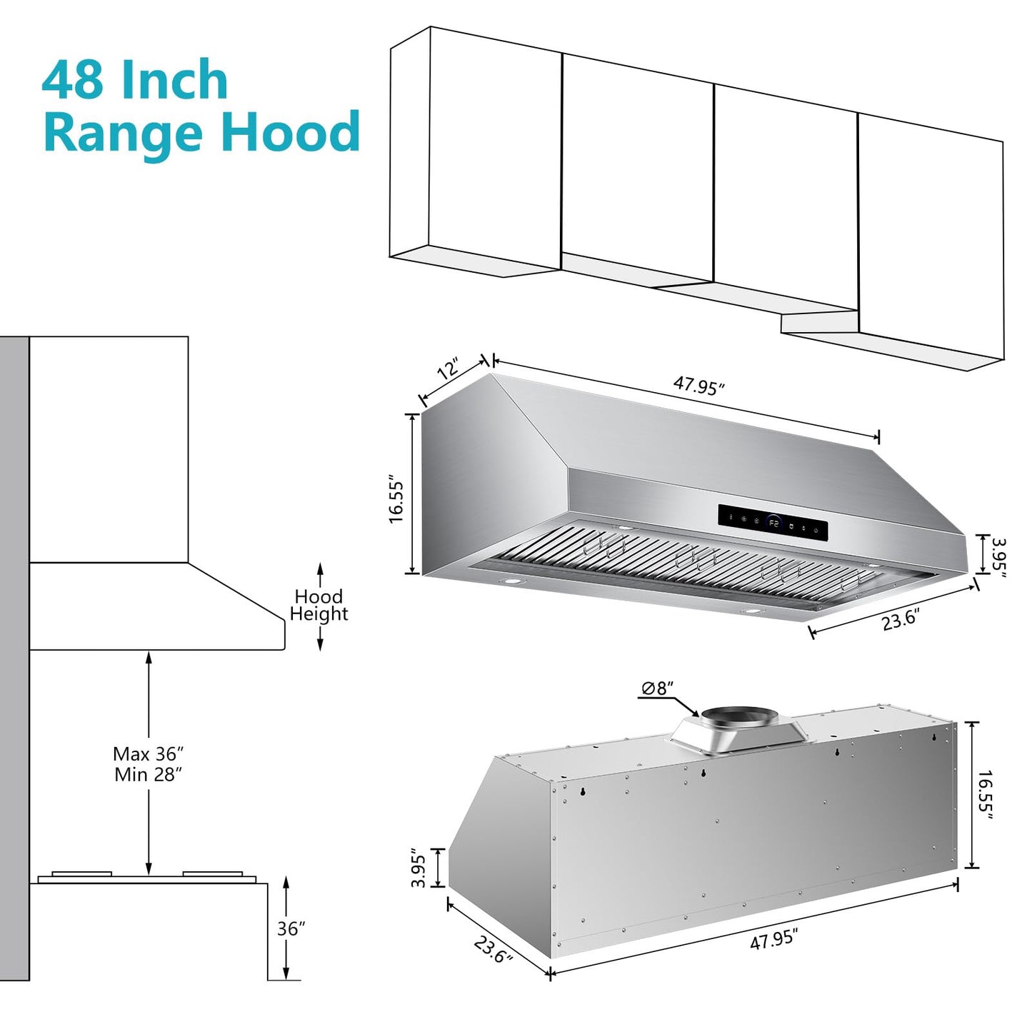 48 inch Under Cabinet Range Hood 1500 CFM with 4-Speed Gesture Sensing & Touch Control, Stainless Steel Kitchen Stove Vent Hoods with 4 LED lights, Time Setting, Dishwasher-Safe Baffle Filters