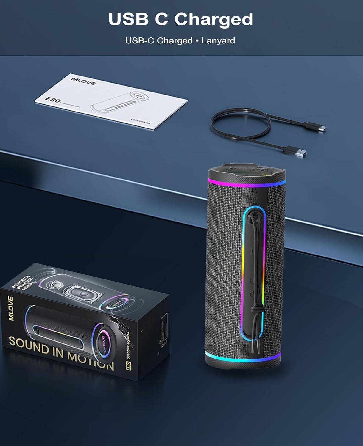 MLOVE E80 IPX7 BT5.4 30W, Speakers Bluetooth Wireless, Portable Bluetooth Speaker with Aux Input, Micro SD Card Slot