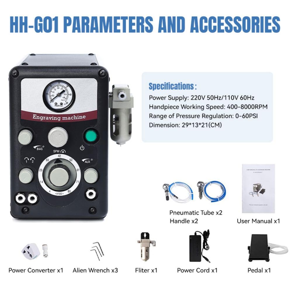 Lakimi Pneumatic Jewelry Engraver Machine - Pneumatic Hand Engraving Machines Dual-Head 400-8000 RPM for Jewelry and Metal Crafting G01
