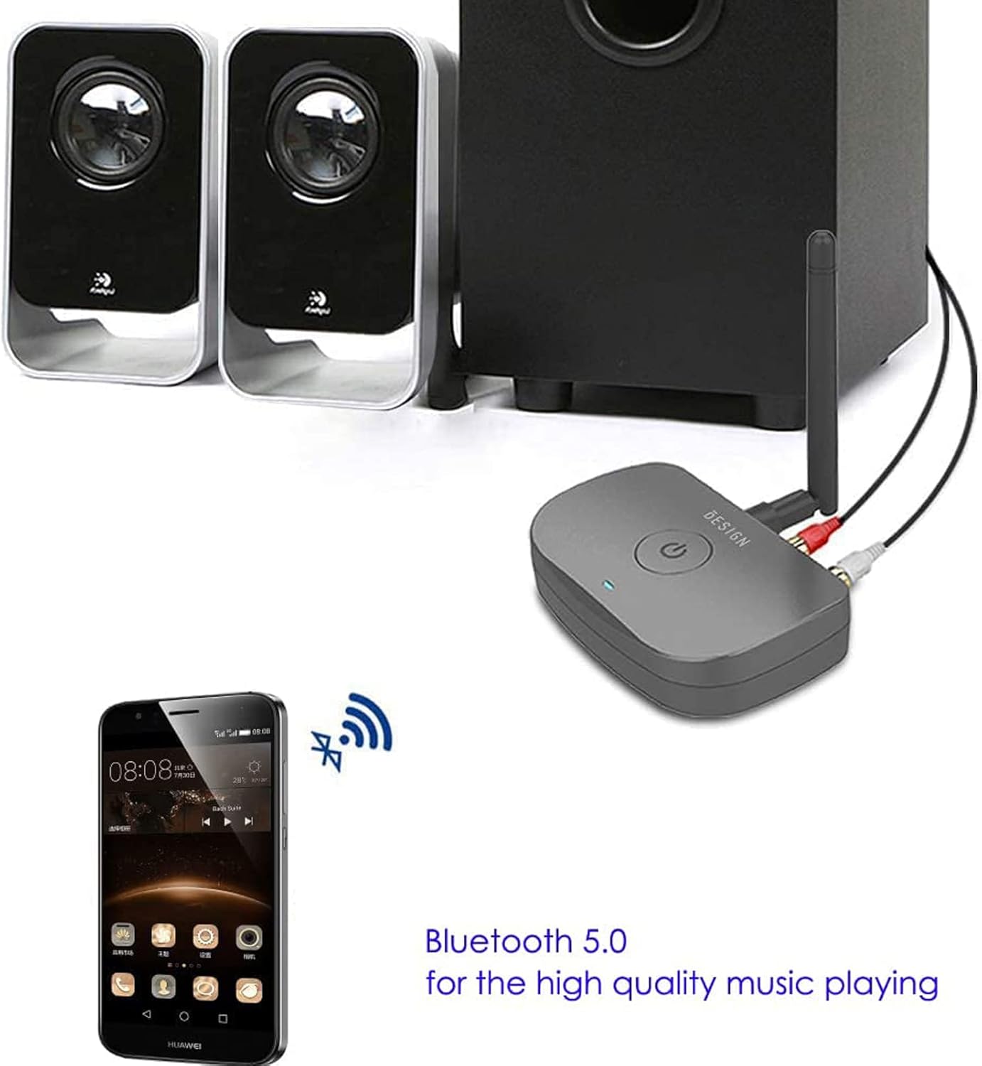 BESIGN BE-RCA Long Range Bluetooth Music Receiver, Wireless Audio Adapter for Wired Speakers or Home Music Streaming