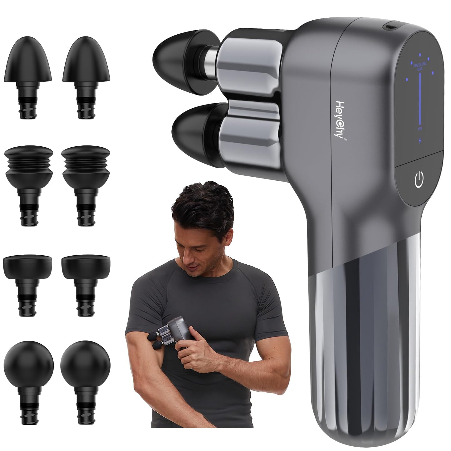HEYCHY Mini Massage Gun - Deep Tissue Percussion Massager with Dual Heads, 5 Speed Levels & 4 Attachments, Portable Handheld Muscle Recovery Gun for Athletes, Travel & Pain Relief