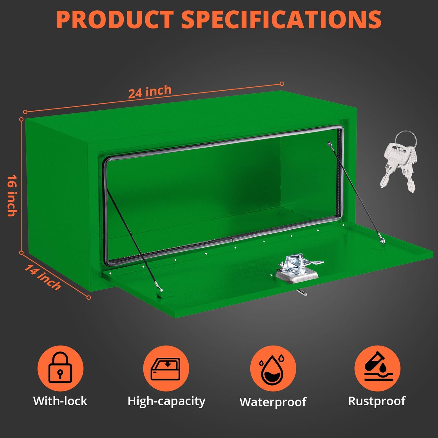 MOVECOM Steel Heavy Duty Truck Bed Tool Box with t-Handle Lock, Door with Double Sided Hydraulics Rods for Trailer Truck Pick Ups-Waterproof (24X14X16 Inch),Green